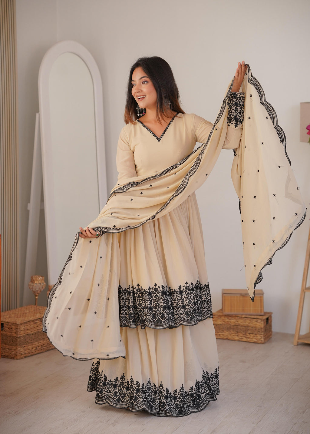 Premium Faux Georgette Plazzo Suit with Elegant Thread Embroidery & Dupatta