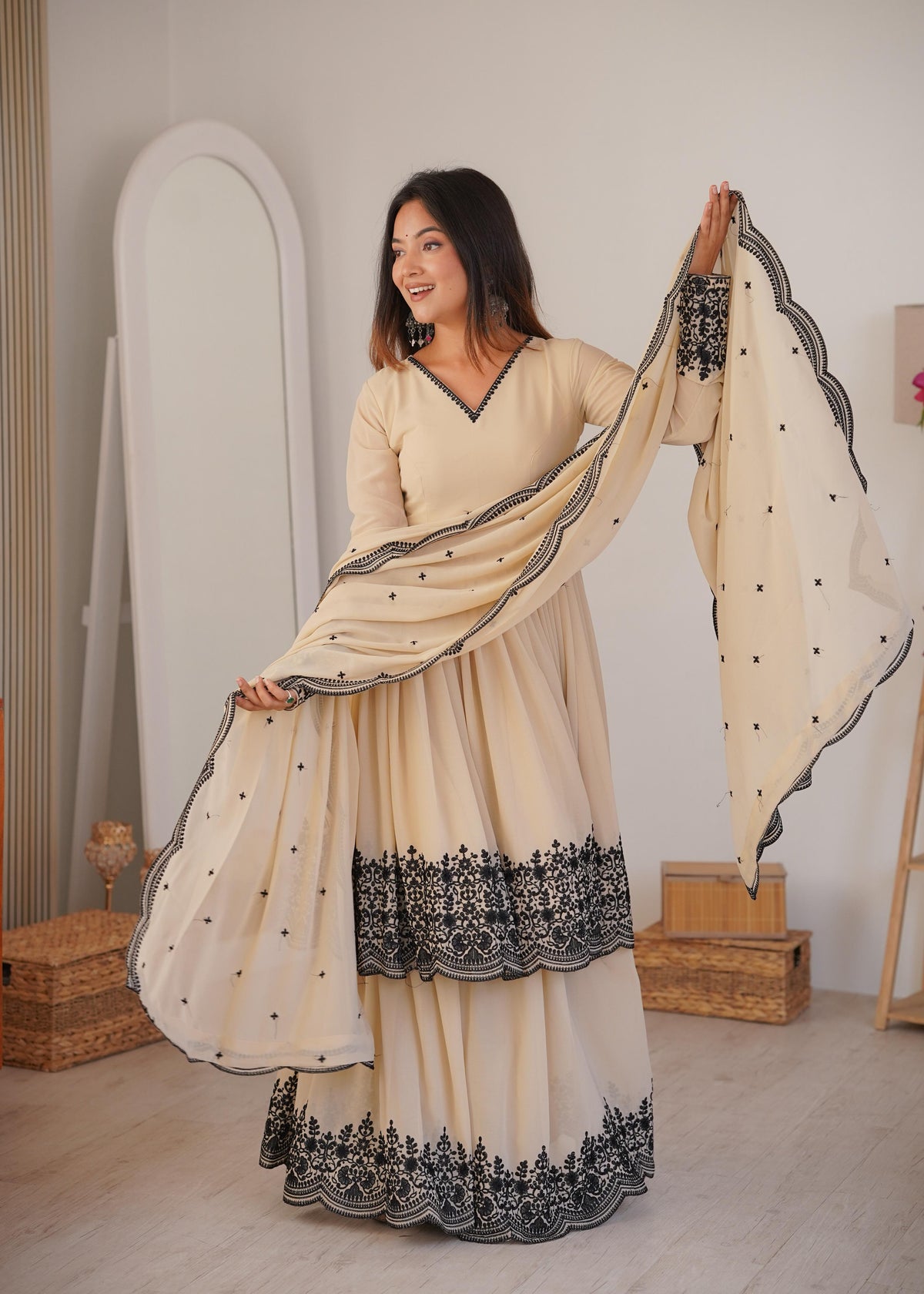 Premium Faux Georgette Plazzo Suit with Elegant Thread Embroidery & Dupatta
