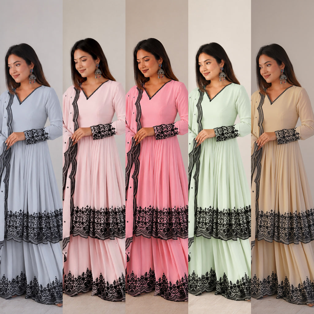 Premium Faux Georgette Plazzo Suit with Elegant Thread Embroidery & Dupatta