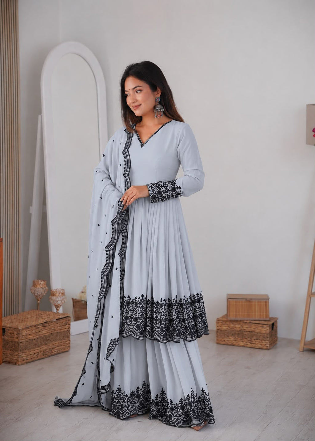 Premium Faux Georgette Plazzo Suit with Elegant Thread Embroidery & Dupatta