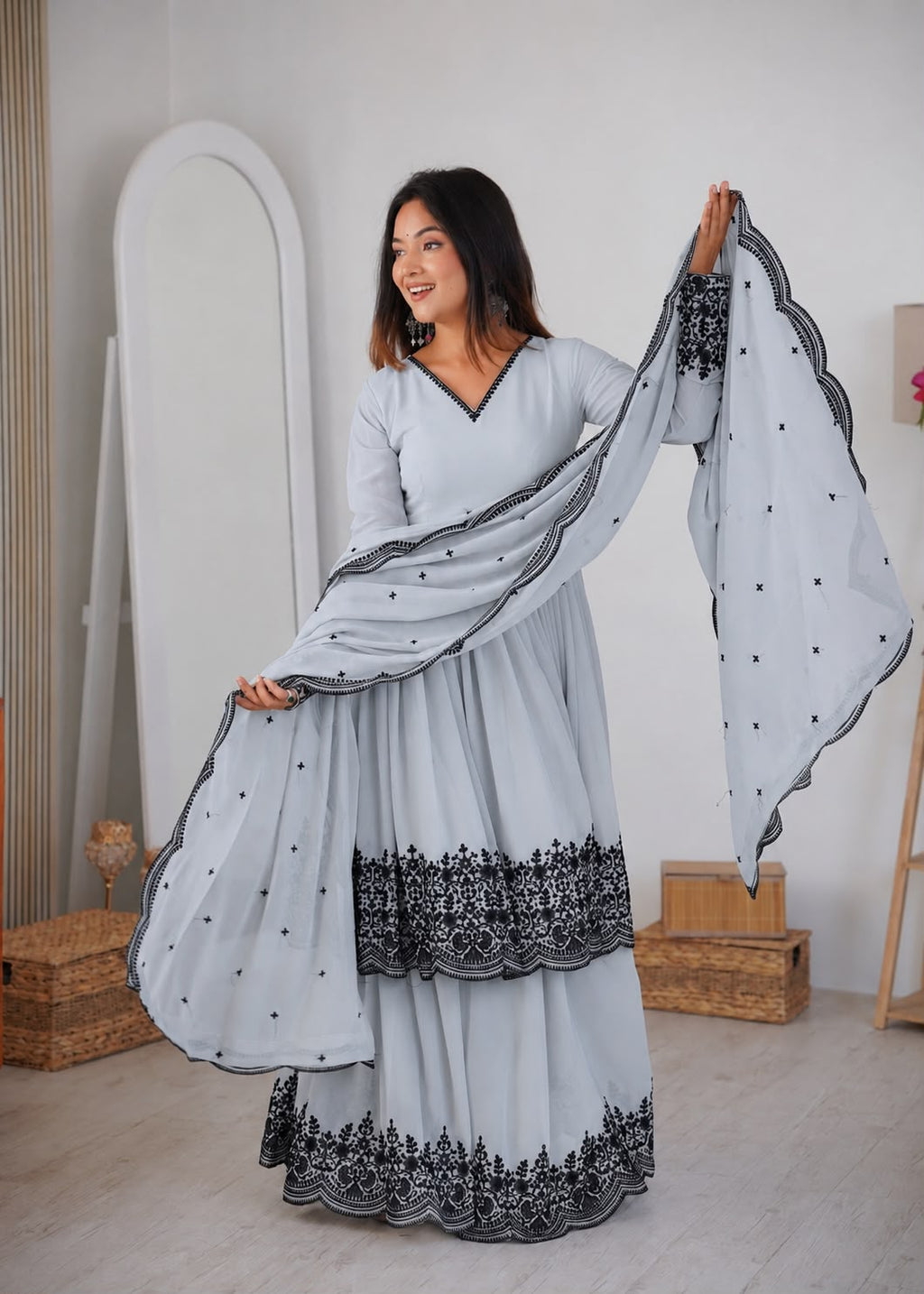 Premium Faux Georgette Plazzo Suit with Elegant Thread Embroidery & Dupatta