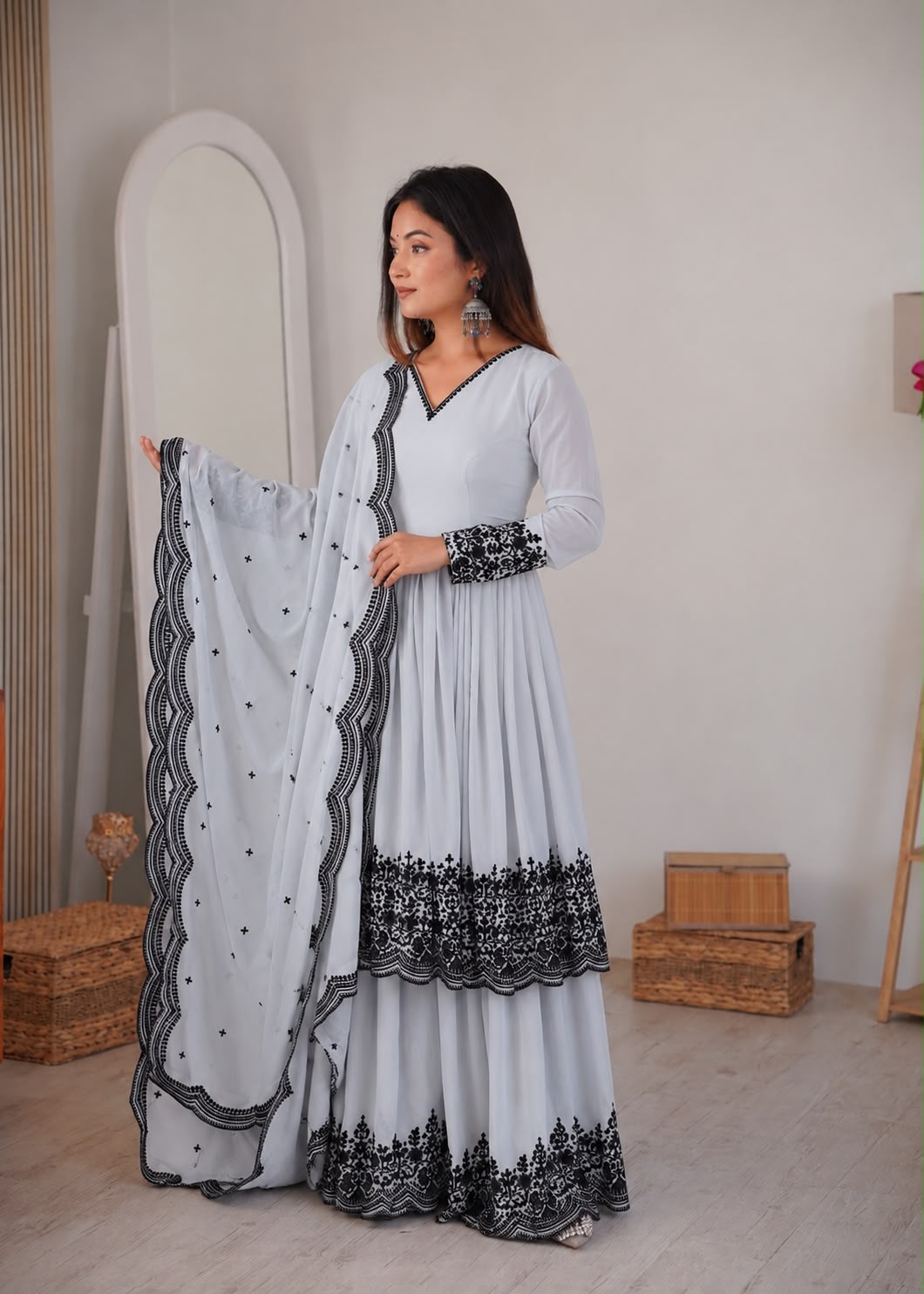 Premium Faux Georgette Plazzo Suit with Elegant Thread Embroidery & Dupatta