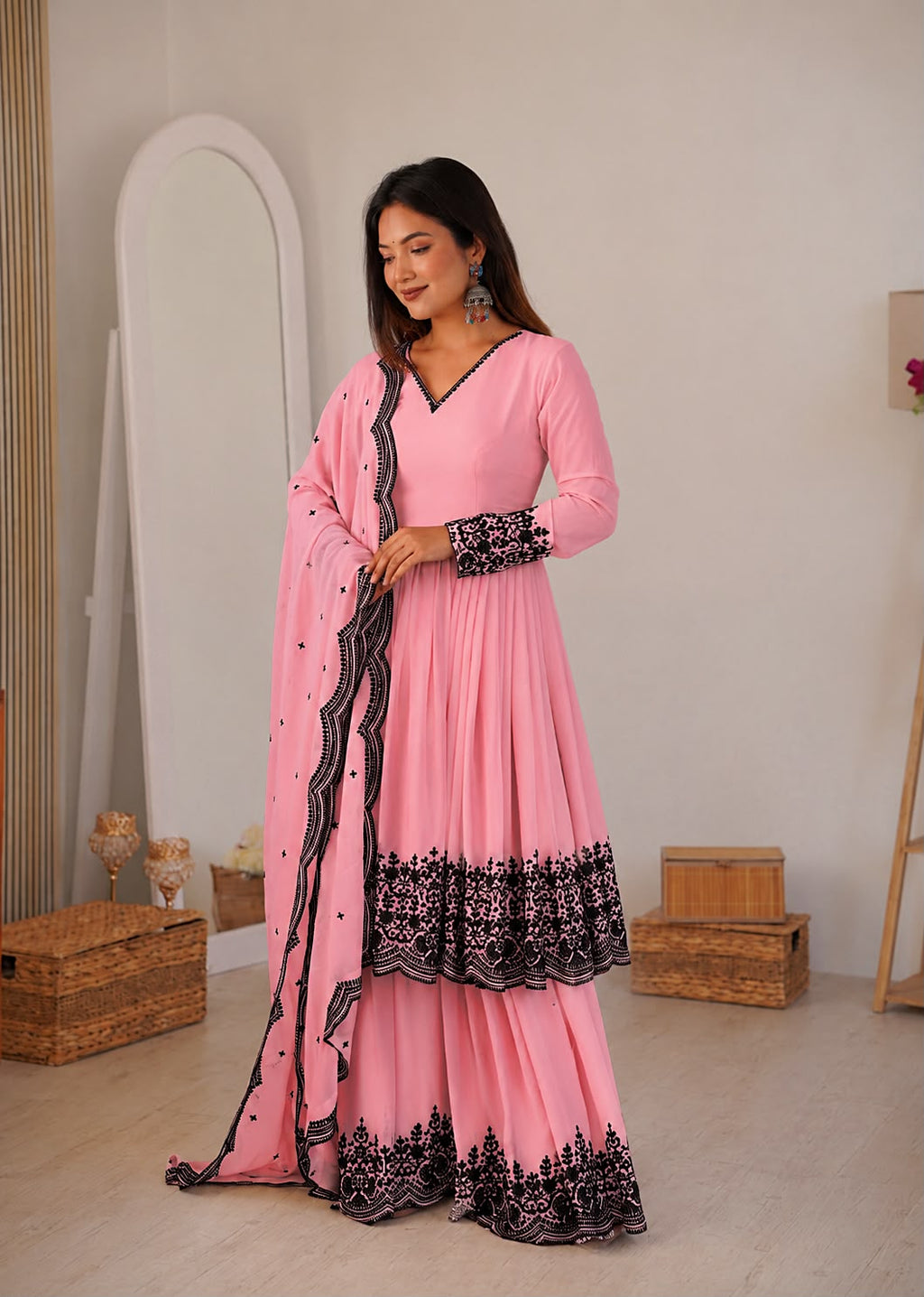 Premium Faux Georgette Plazzo Suit with Elegant Thread Embroidery & Dupatta