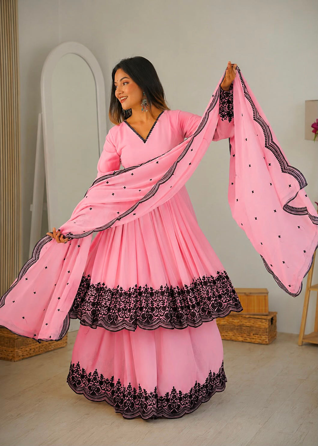 Premium Faux Georgette Plazzo Suit with Elegant Thread Embroidery & Dupatta