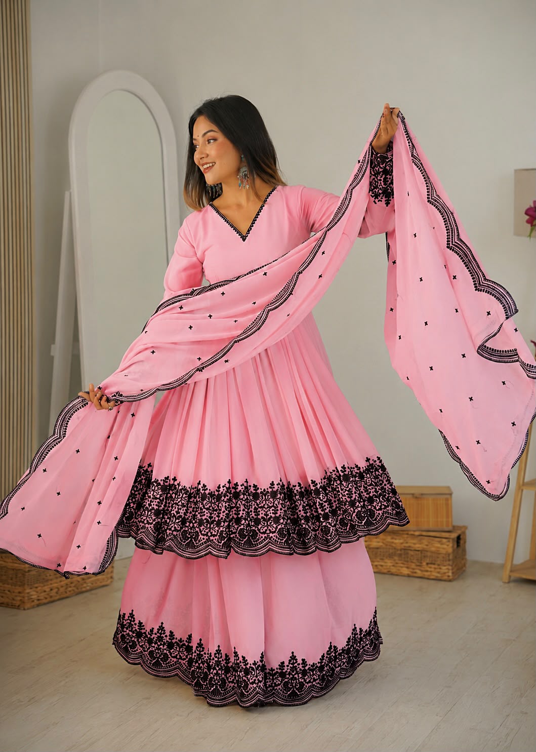 Premium Faux Georgette Plazzo Suit with Elegant Thread Embroidery & Dupatta