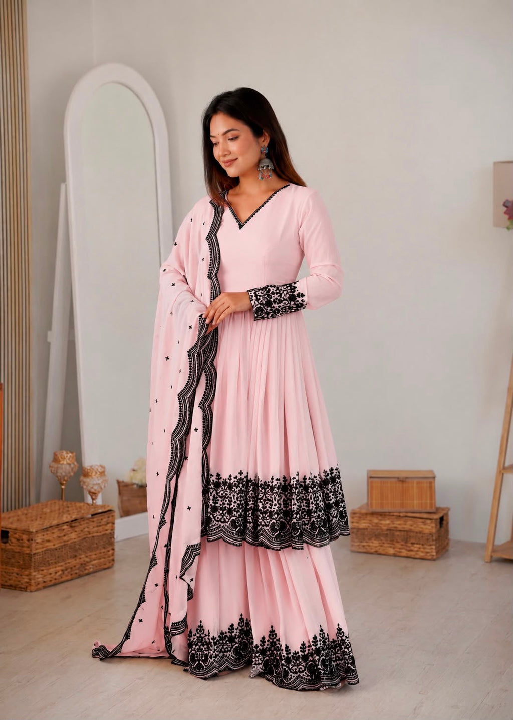 Premium Faux Georgette Plazzo Suit with Elegant Thread Embroidery & Dupatta