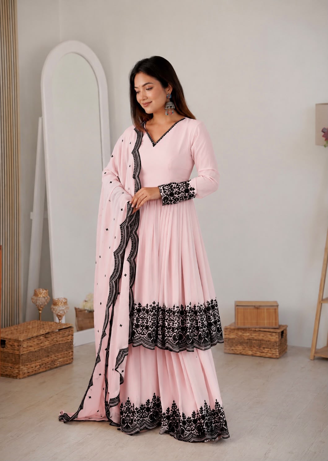 Premium Faux Georgette Plazzo Suit with Elegant Thread Embroidery & Dupatta