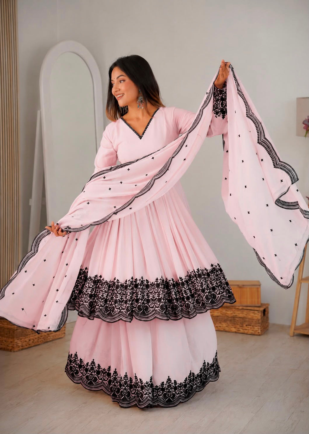 Premium Faux Georgette Plazzo Suit with Elegant Thread Embroidery & Dupatta