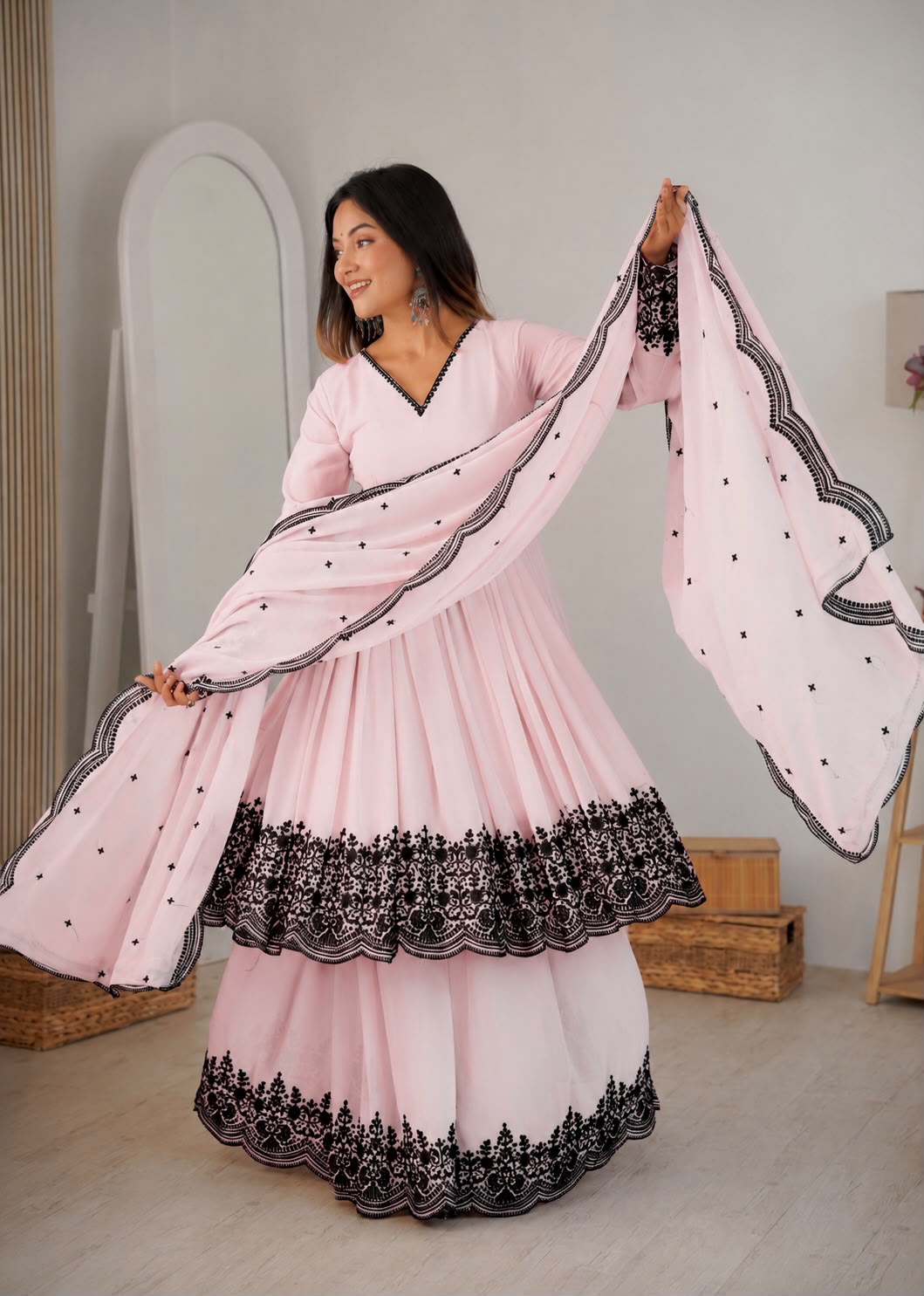 Premium Faux Georgette Plazzo Suit with Elegant Thread Embroidery & Dupatta