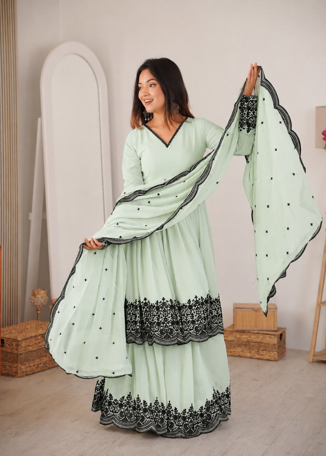 Premium Faux Georgette Plazzo Suit with Elegant Thread Embroidery & Dupatta