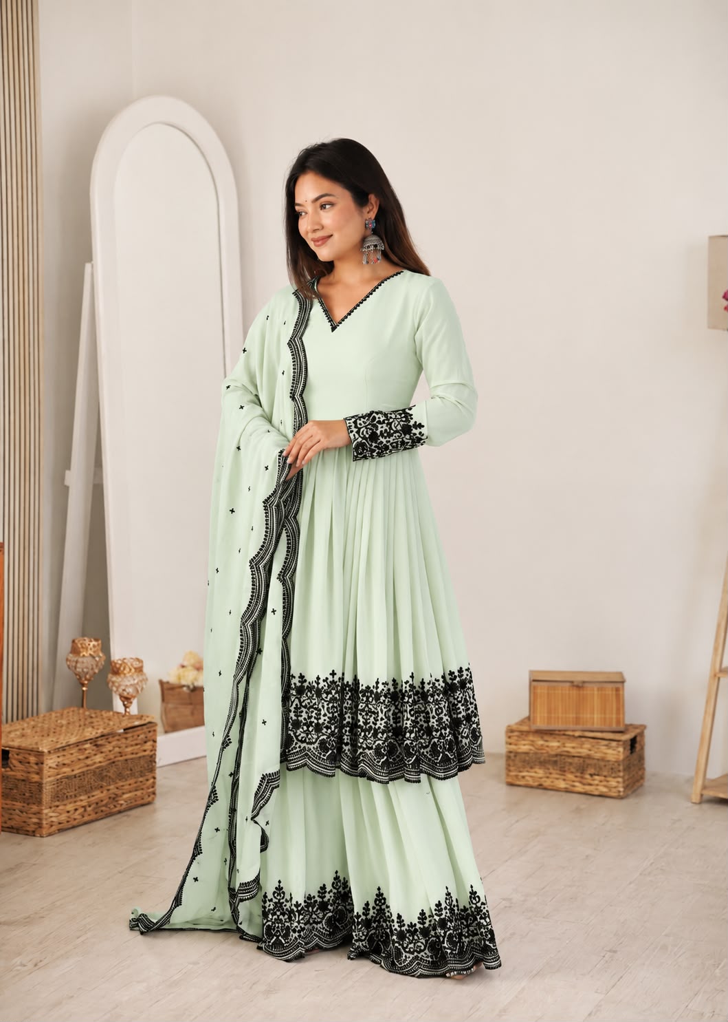 Premium Faux Georgette Plazzo Suit with Elegant Thread Embroidery & Dupatta