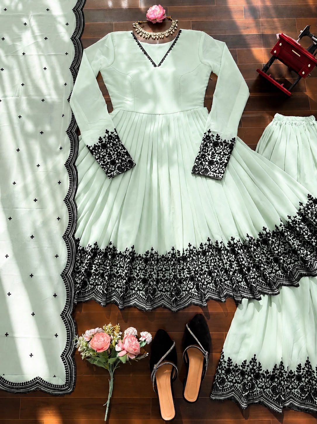 Premium Faux Georgette Plazzo Suit with Elegant Thread Embroidery & Dupatta