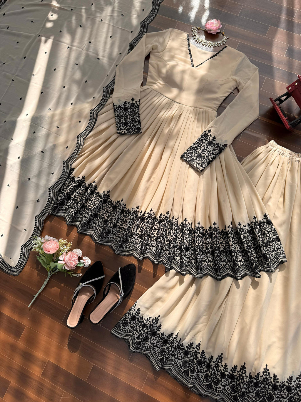Premium Faux Georgette Plazzo Suit with Elegant Thread Embroidery & Dupatta