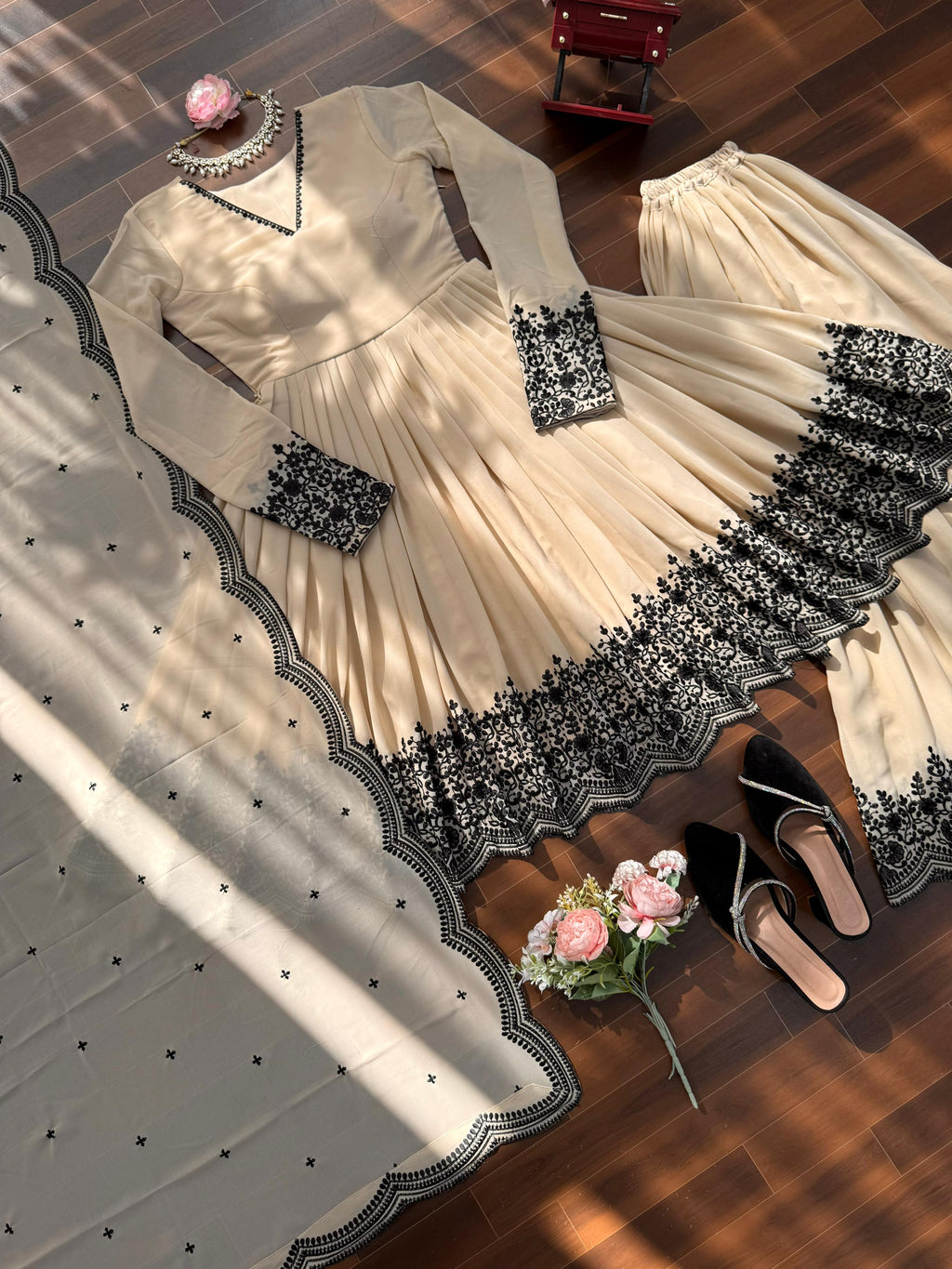 Premium Faux Georgette Plazzo Suit with Elegant Thread Embroidery & Dupatta