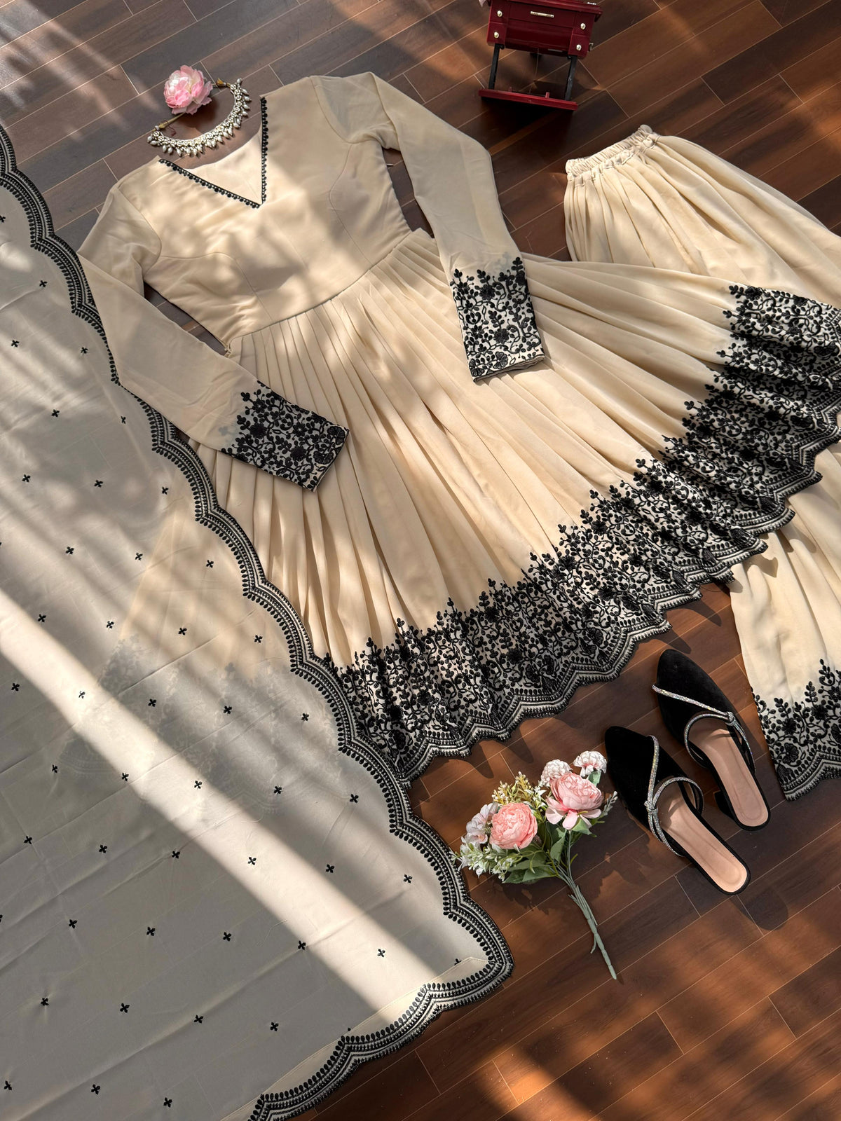 Premium Faux Georgette Plazzo Suit with Elegant Thread Embroidery & Dupatta