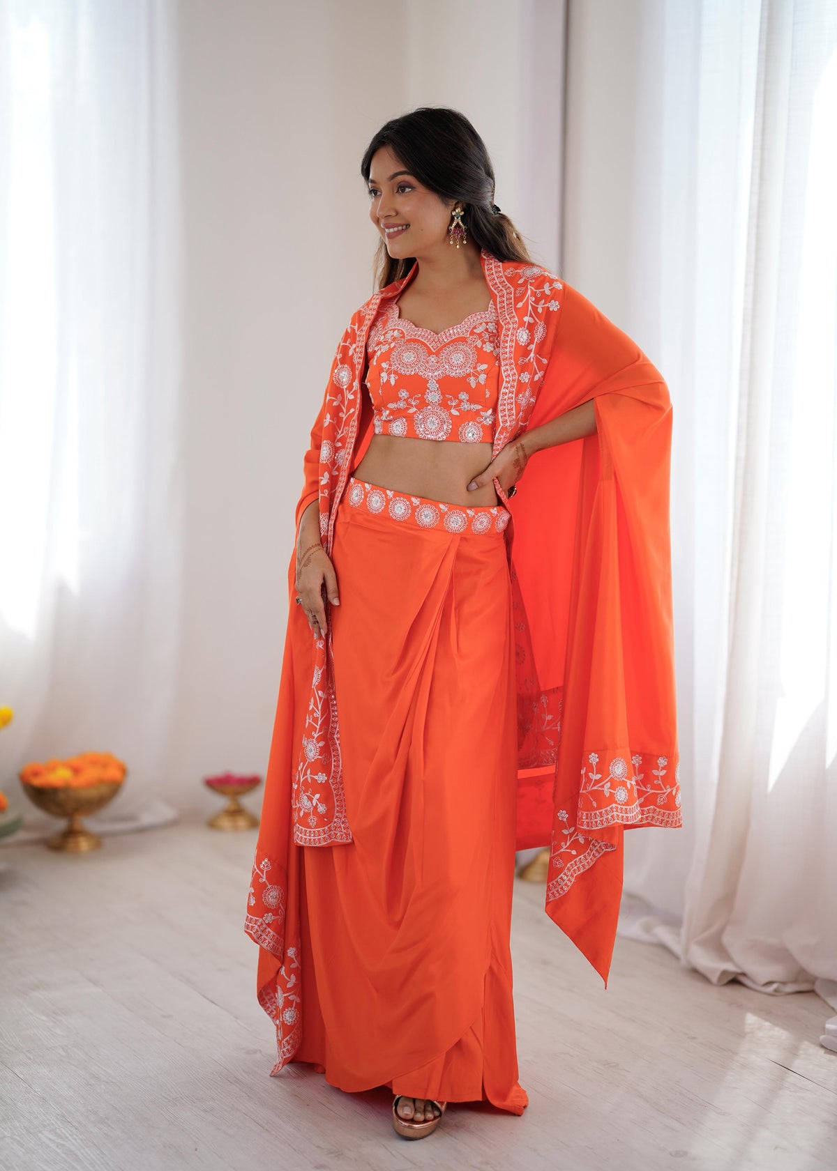 French Crepe Western Dhoti Set with Embroidered Shrug & Choli