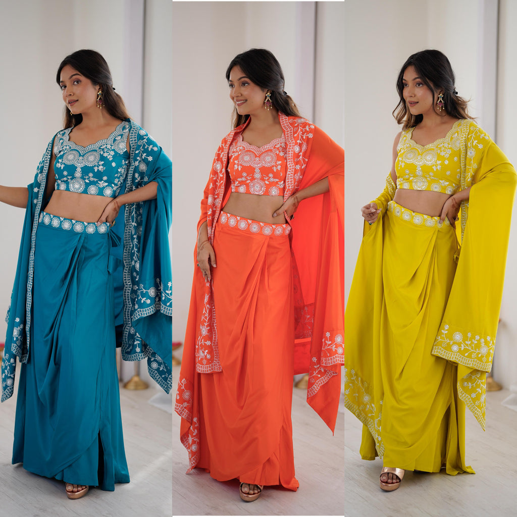 French Crepe Western Dhoti Set with Embroidered Shrug & Choli