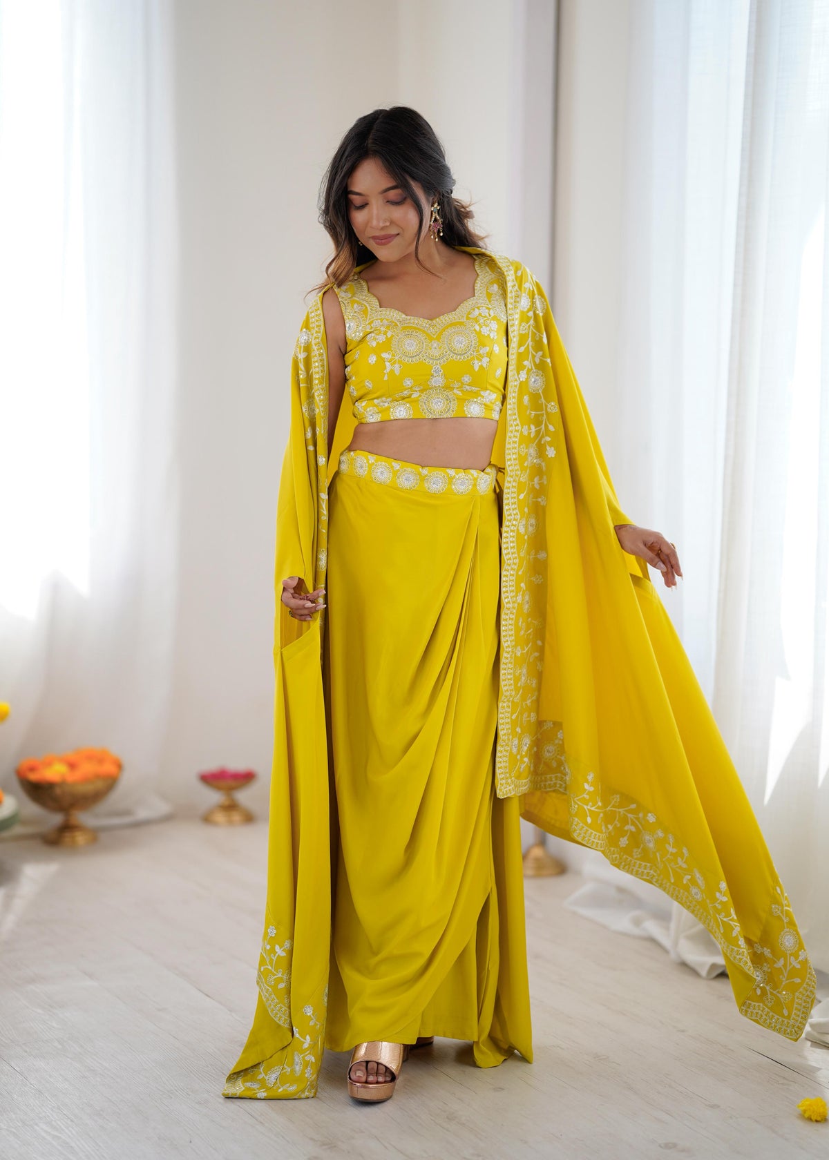 French Crepe Western Dhoti Set with Embroidered Shrug & Choli