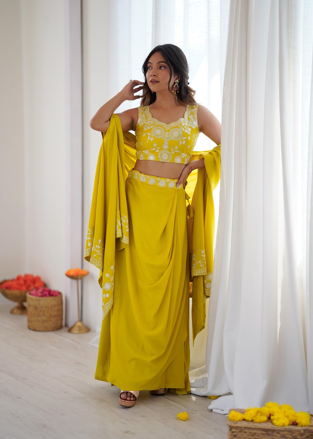 French Crepe Western Dhoti Set with Embroidered Shrug & Choli