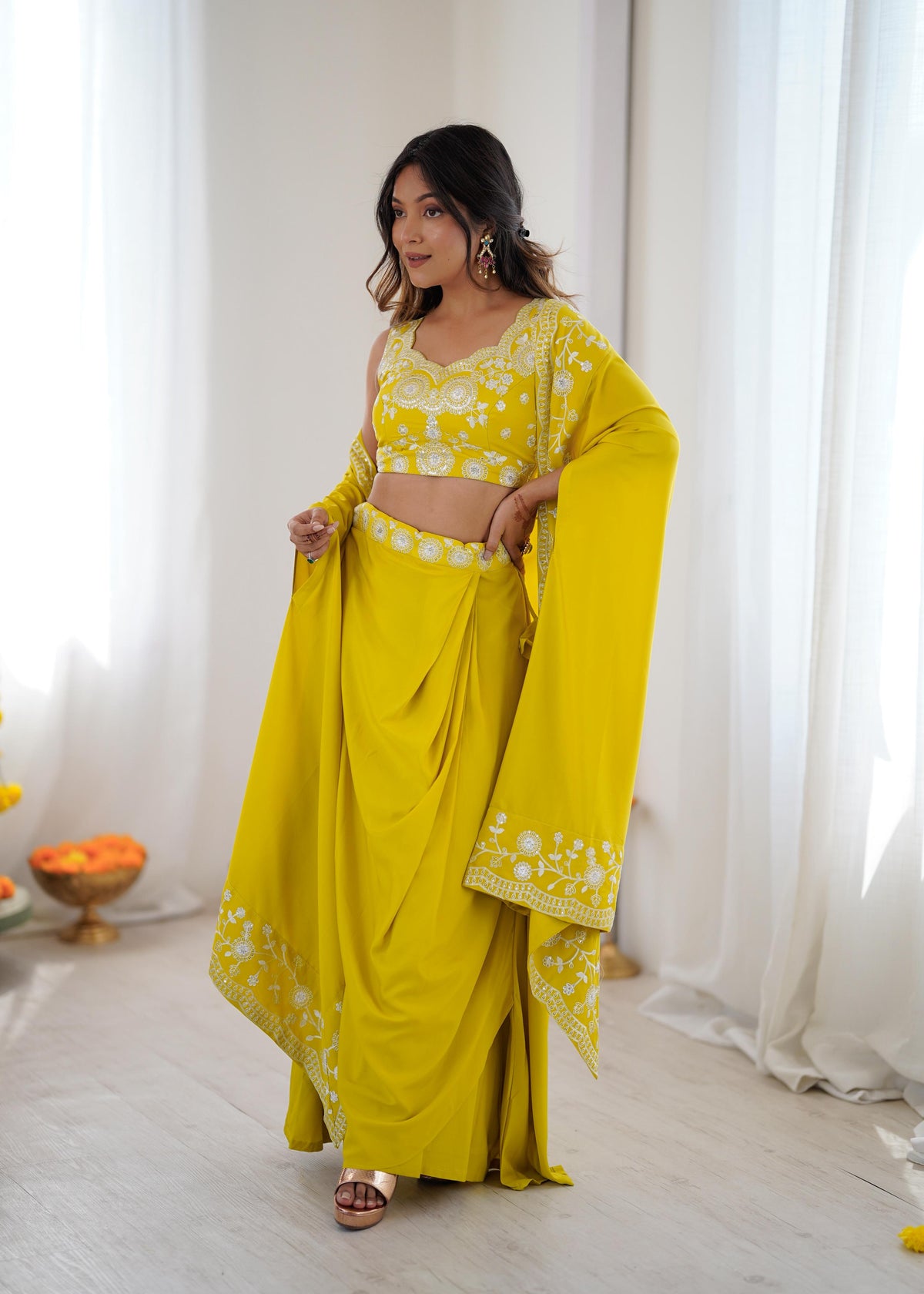 French Crepe Western Dhoti Set with Embroidered Shrug & Choli