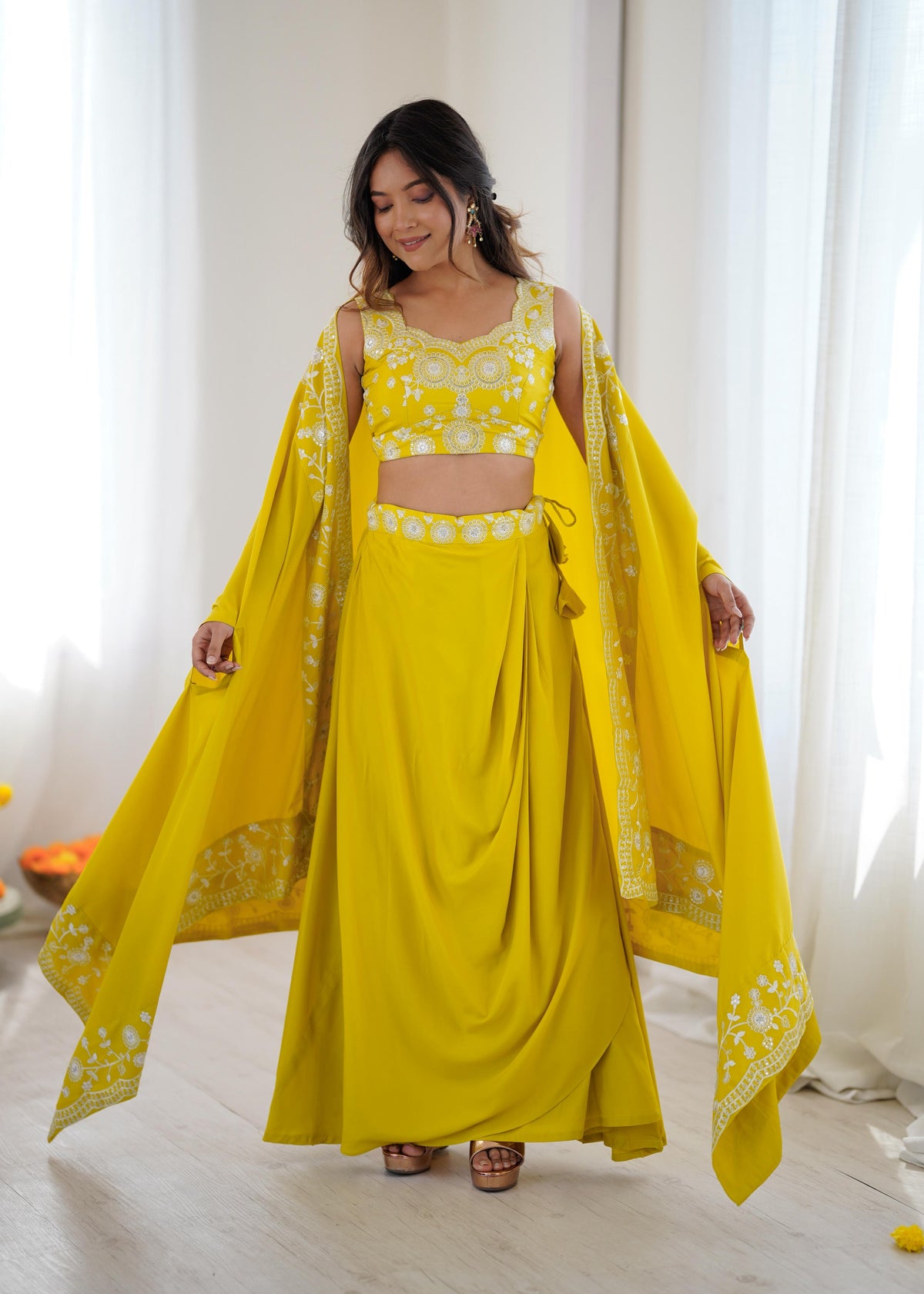 French Crepe Western Dhoti Set with Embroidered Shrug & Choli