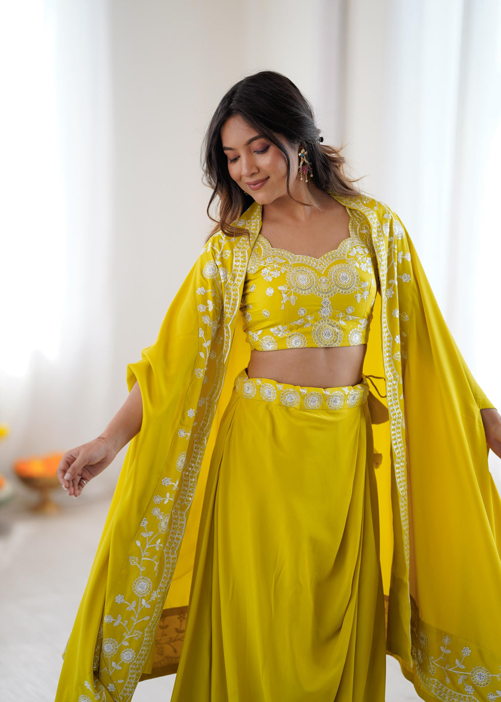 French Crepe Western Dhoti Set with Embroidered Shrug & Choli