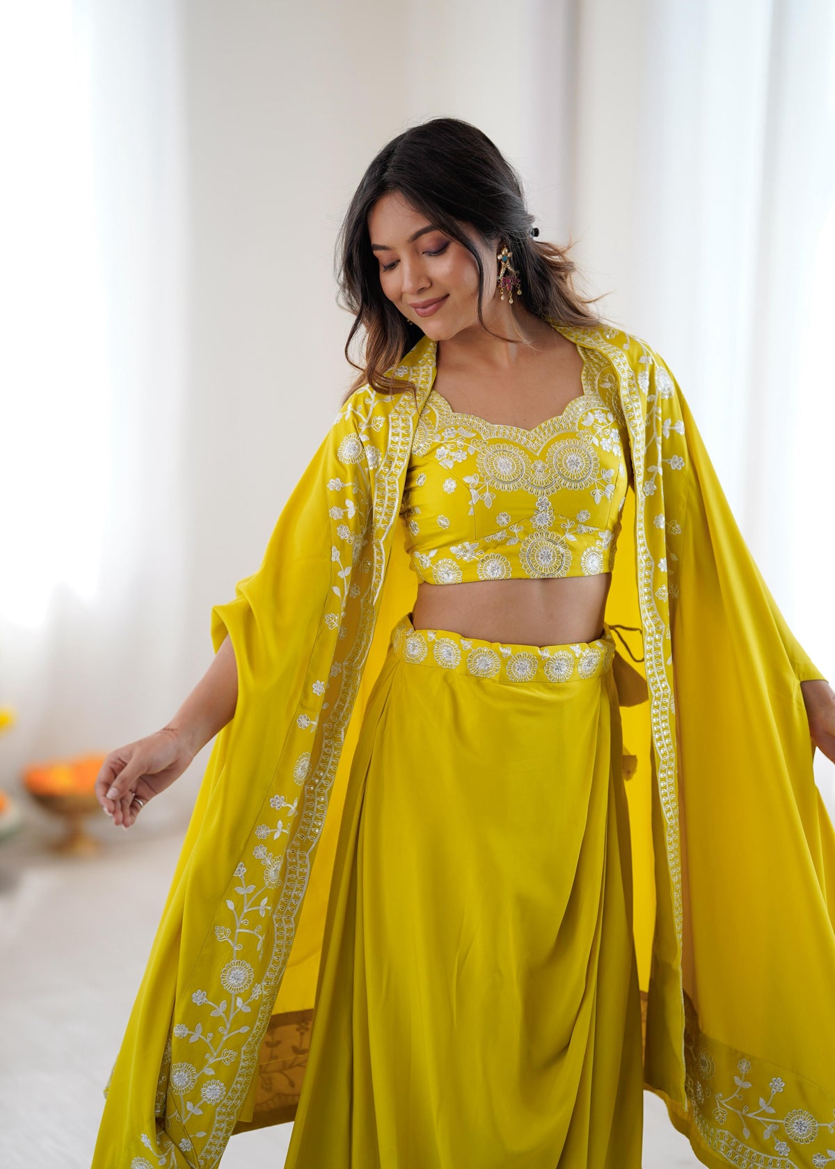French Crepe Western Dhoti Set with Embroidered Shrug & Choli