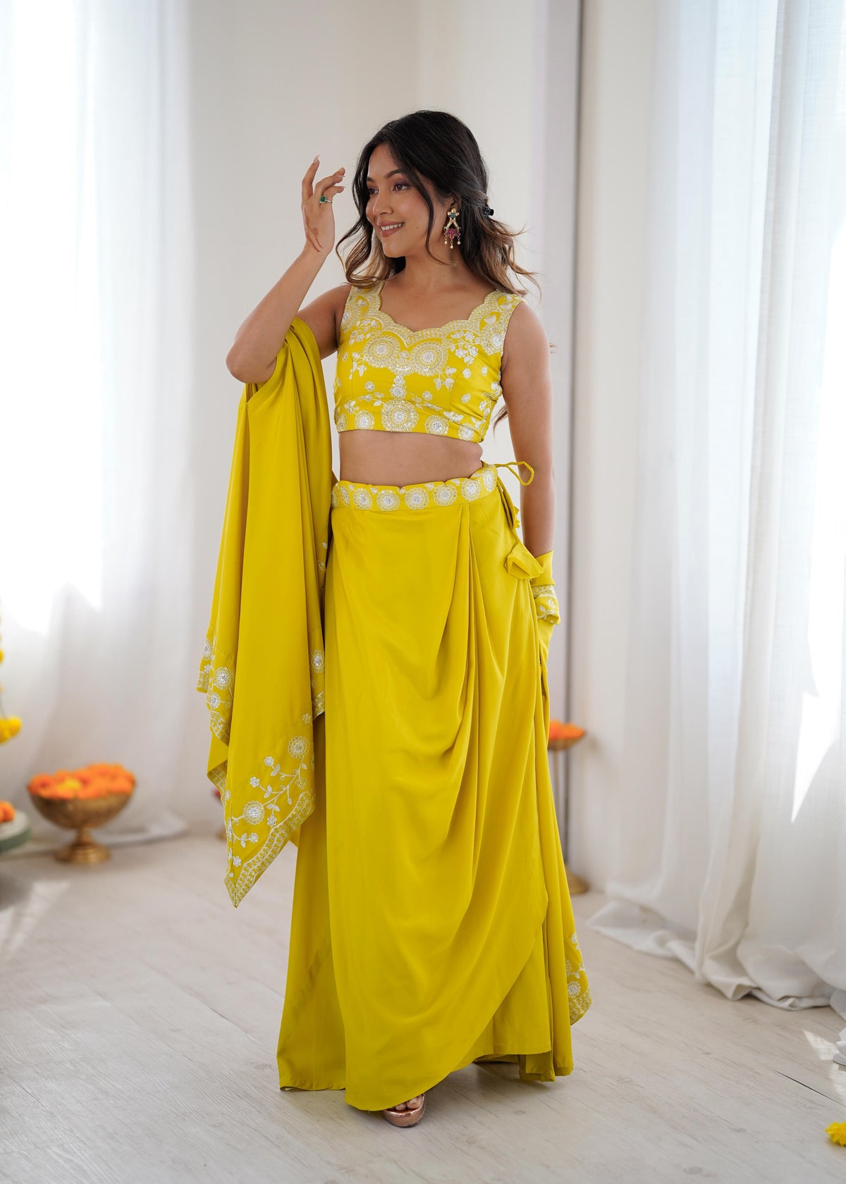 French Crepe Western Dhoti Set with Embroidered Shrug & Choli