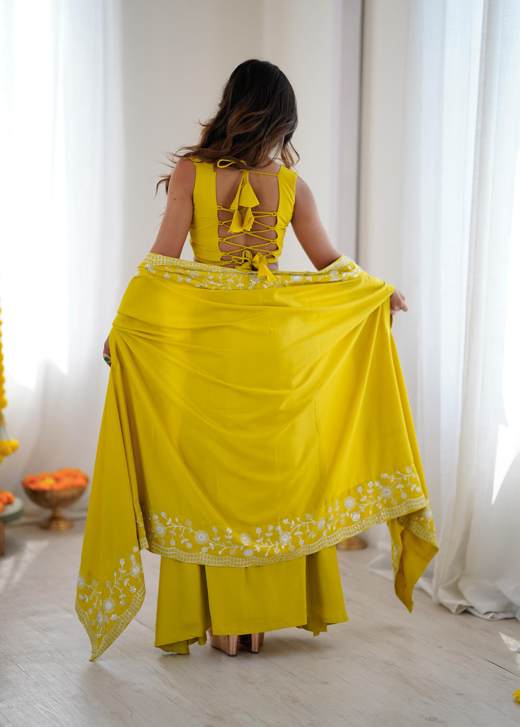 French Crepe Western Dhoti Set with Embroidered Shrug & Choli