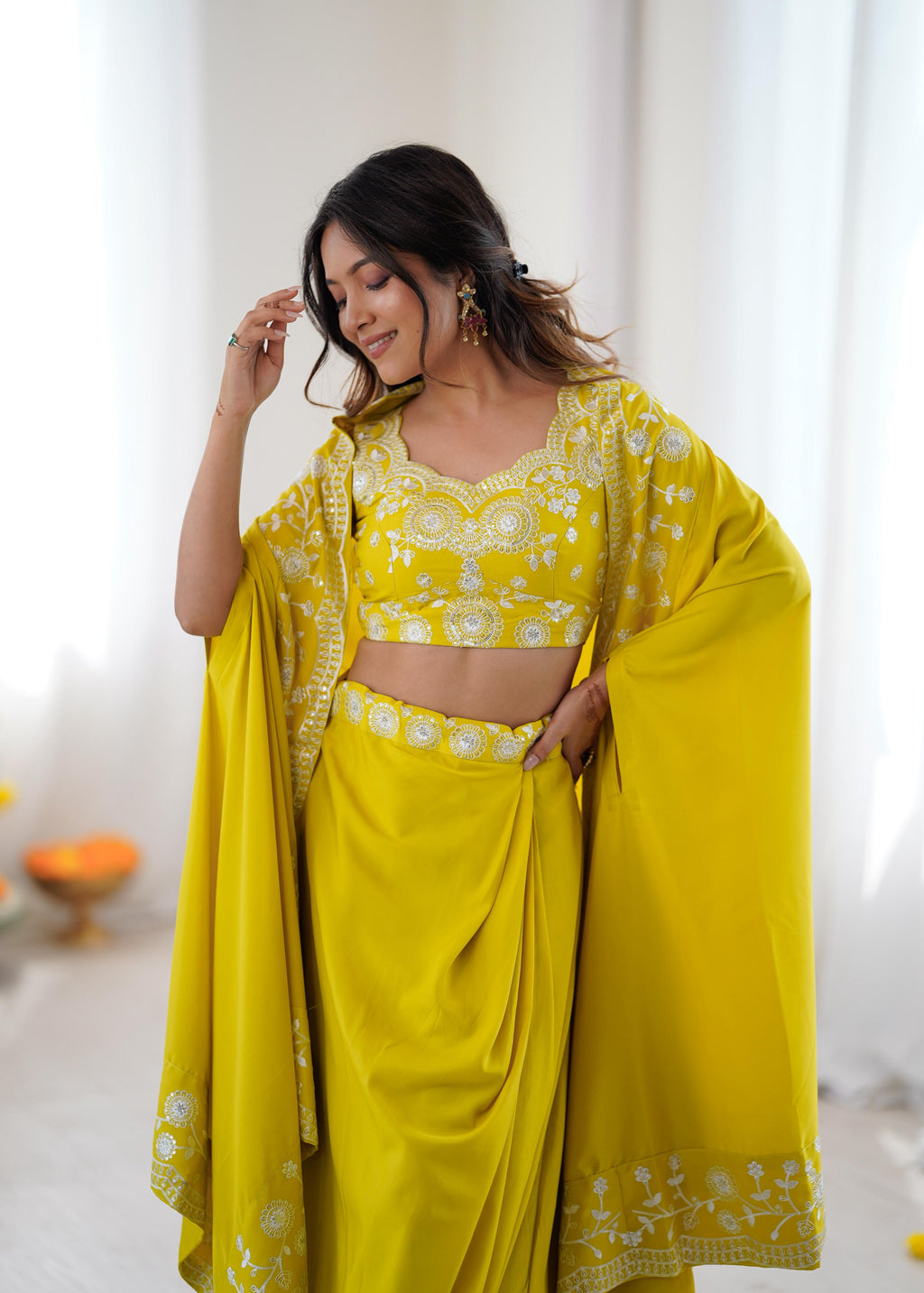French Crepe Western Dhoti Set with Embroidered Shrug & Choli