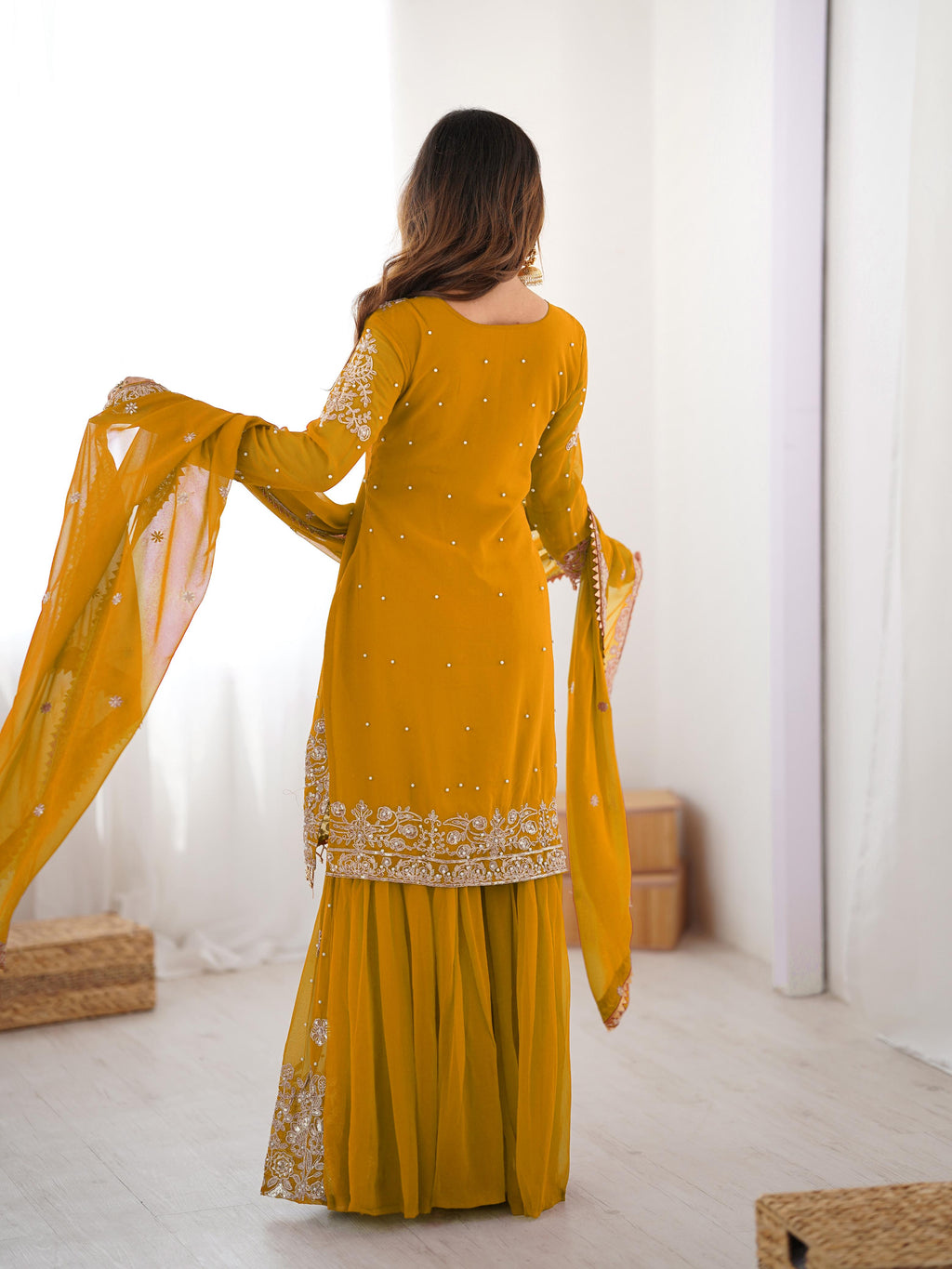 French Crepe Western Dhoti Set with Embroidered Shrug & Choli