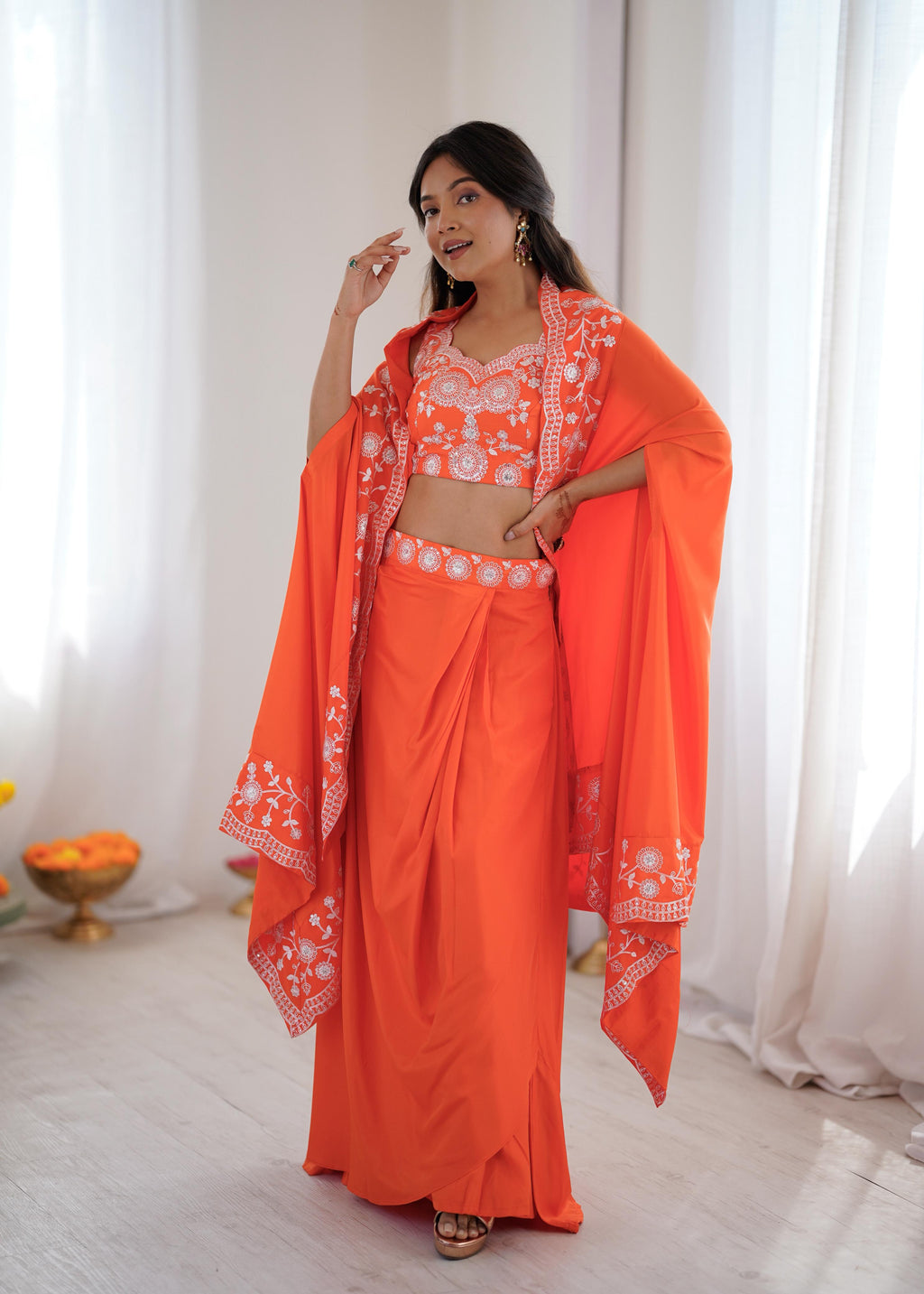French Crepe Western Dhoti Set with Embroidered Shrug & Choli