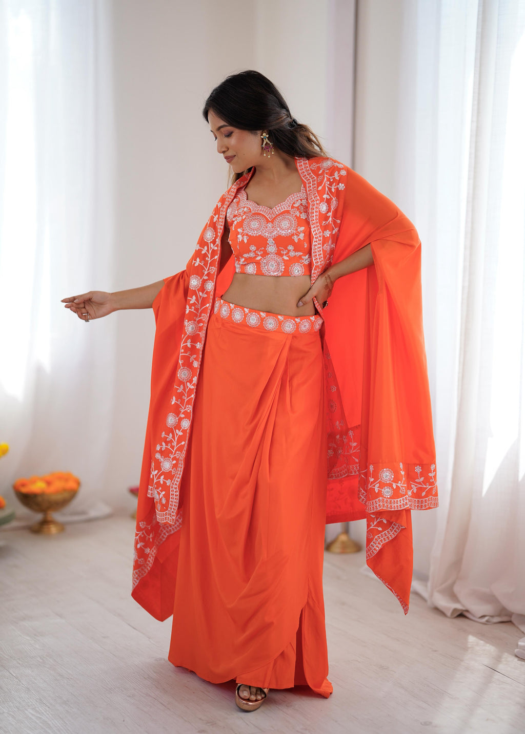 French Crepe Western Dhoti Set with Embroidered Shrug & Choli