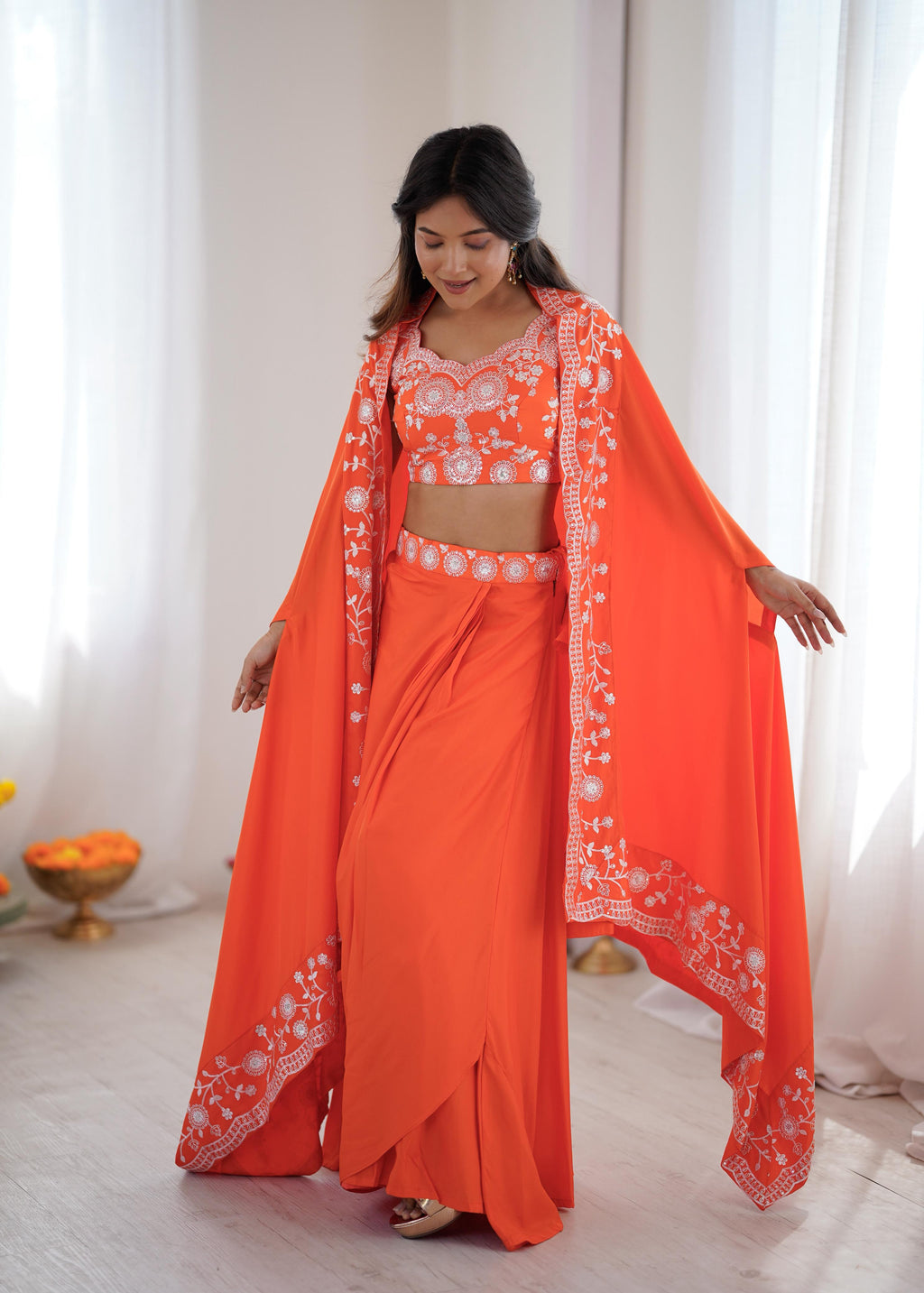 French Crepe Western Dhoti Set with Embroidered Shrug & Choli
