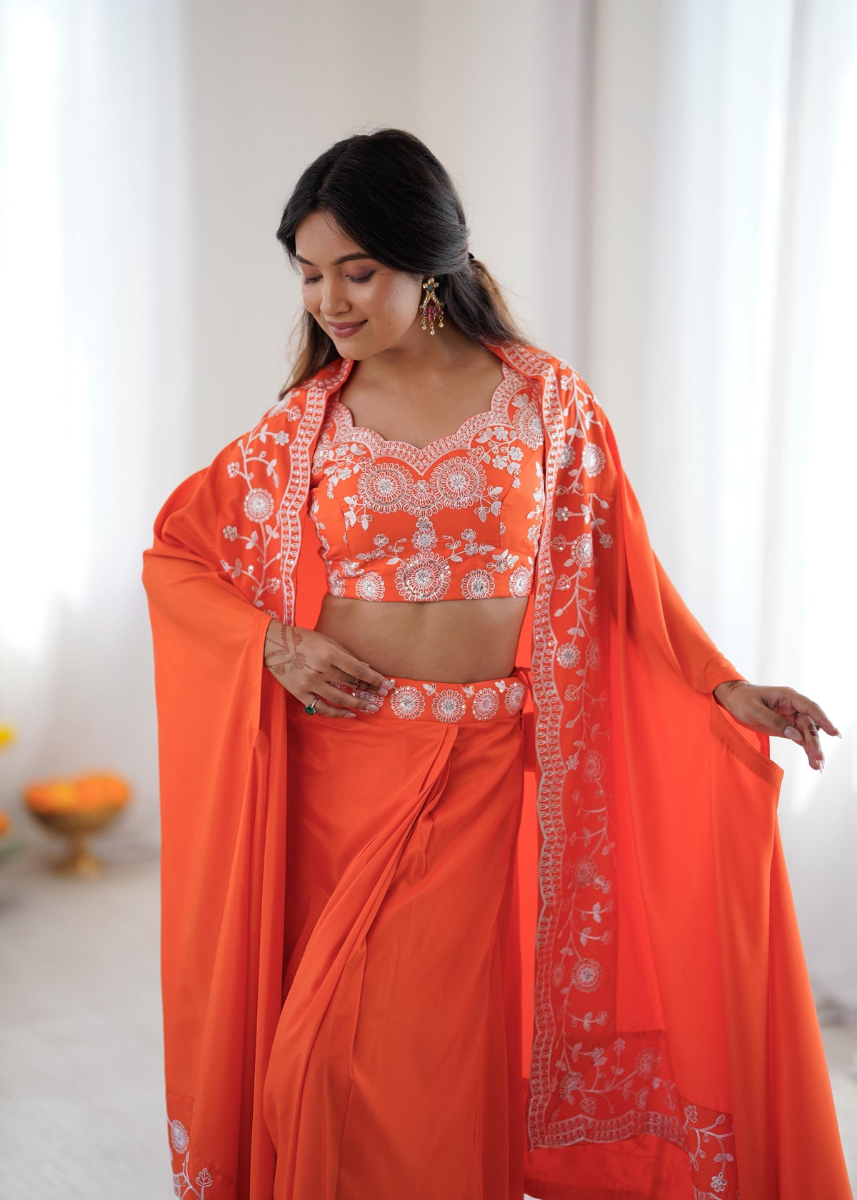 French Crepe Western Dhoti Set with Embroidered Shrug & Choli