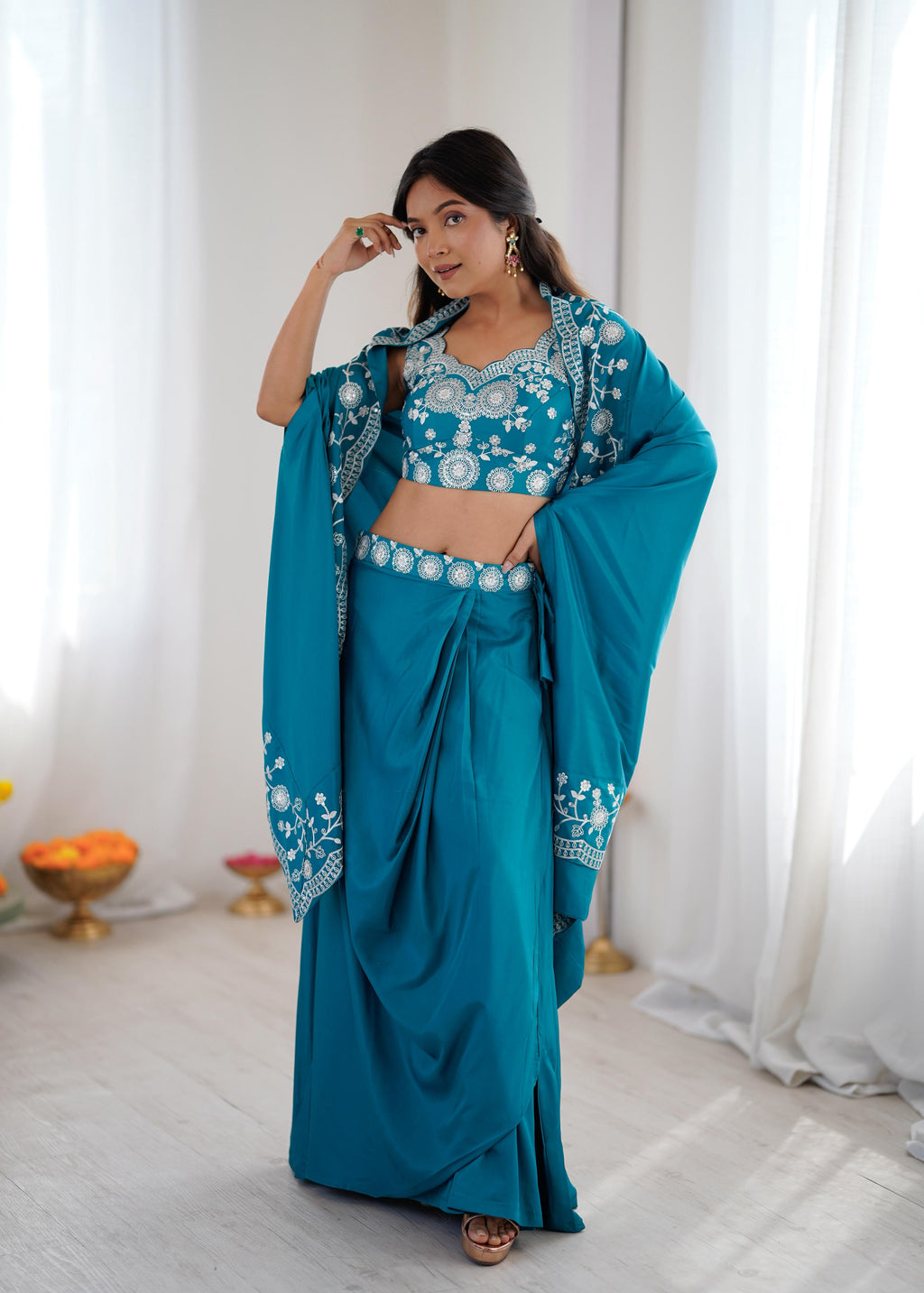 French Crepe Western Dhoti Set with Embroidered Shrug & Choli
