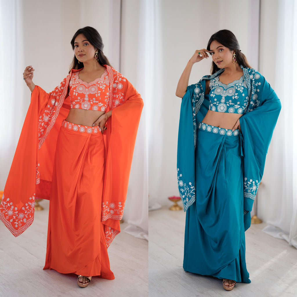 French Crepe Western Dhoti Set with Embroidered Shrug & Choli