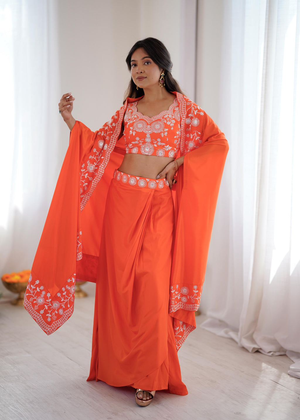 French Crepe Western Dhoti Set with Embroidered Shrug & Choli