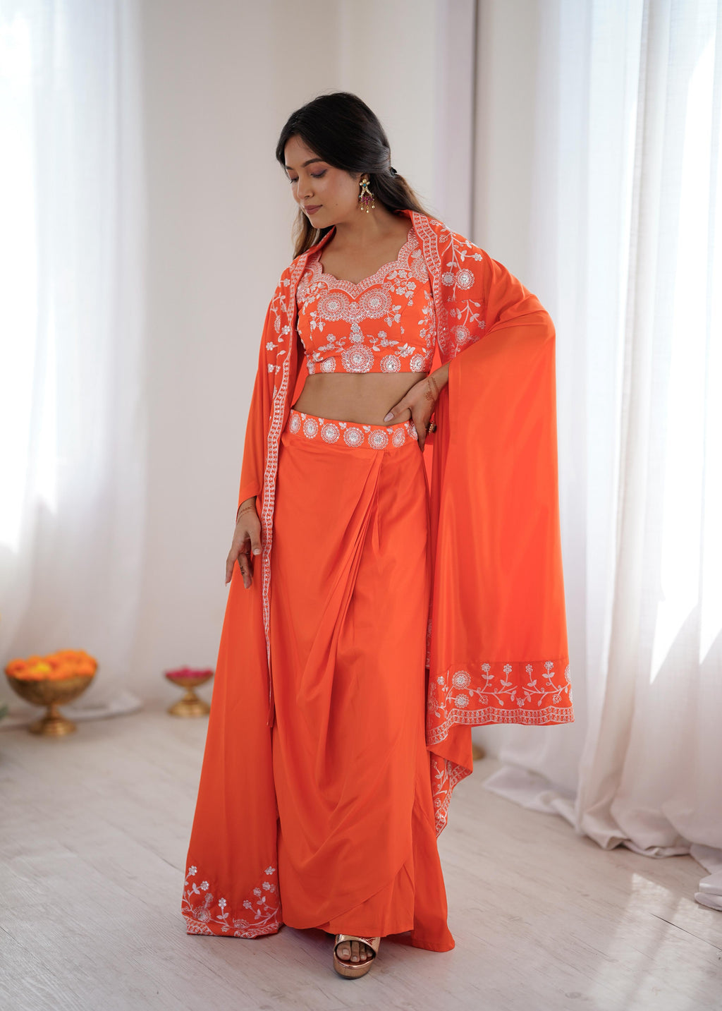 French Crepe Western Dhoti Set with Embroidered Shrug & Choli