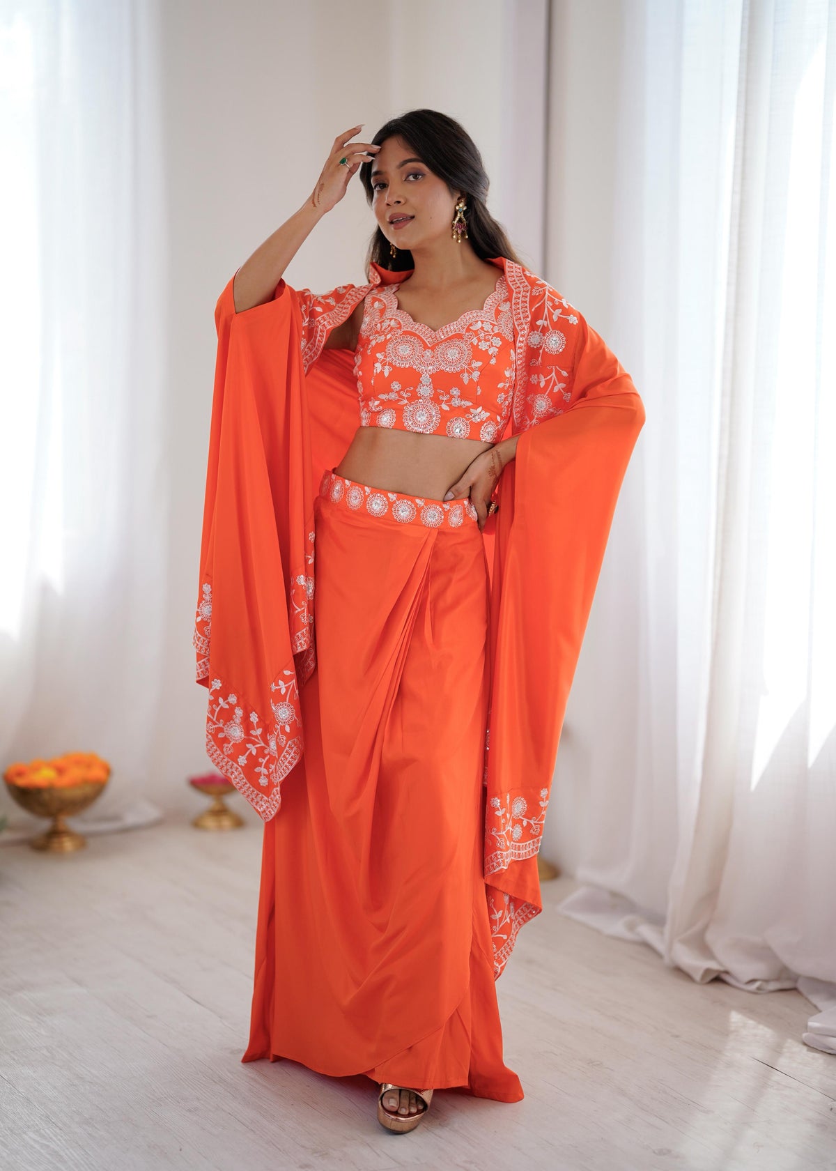 French Crepe Western Dhoti Set with Embroidered Shrug & Choli