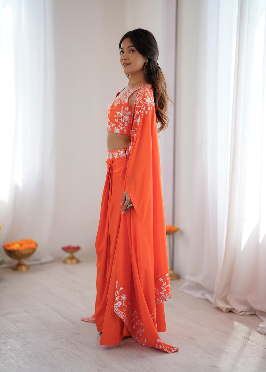 French Crepe Western Dhoti Set with Embroidered Shrug & Choli