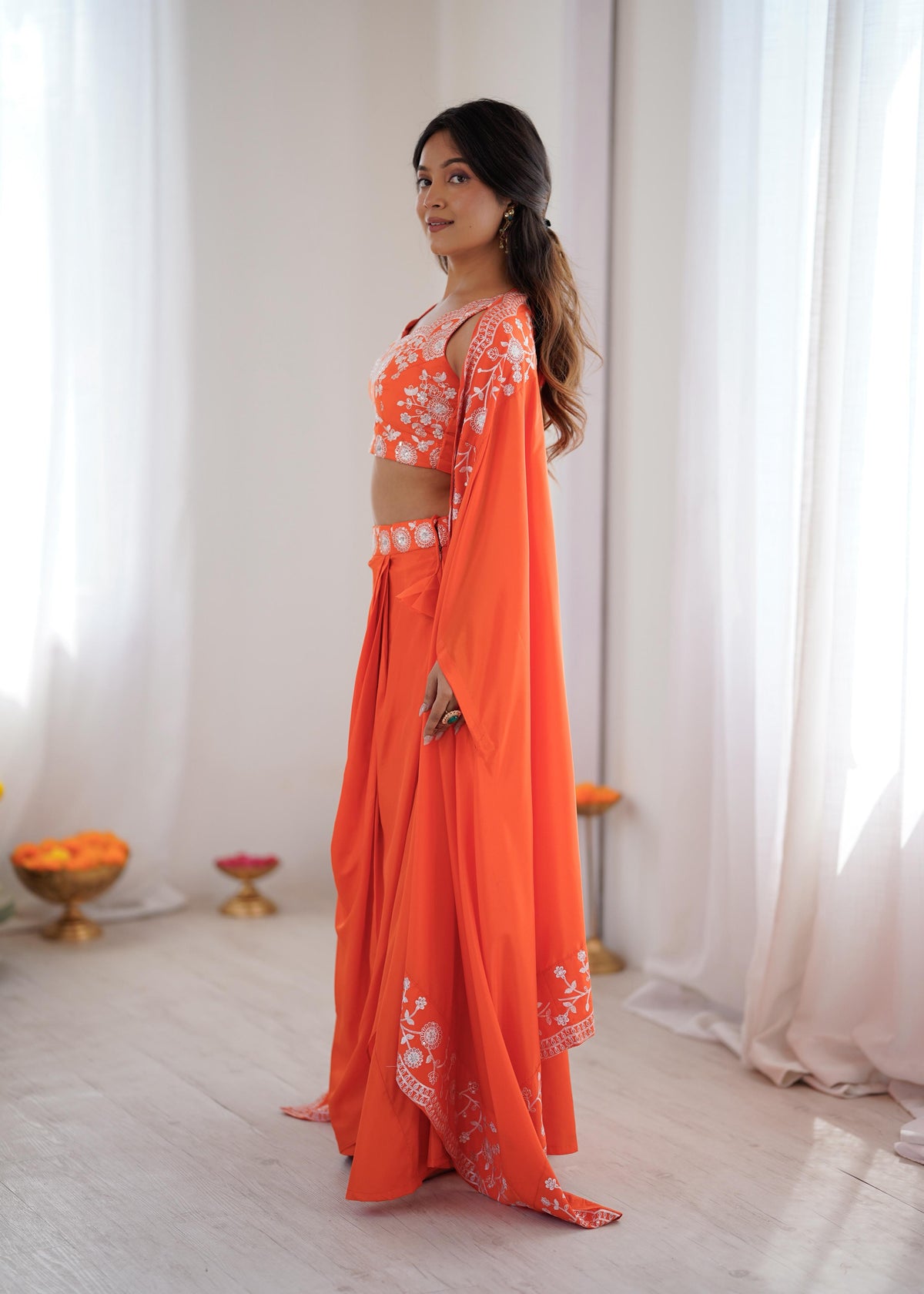 French Crepe Western Dhoti Set with Embroidered Shrug & Choli