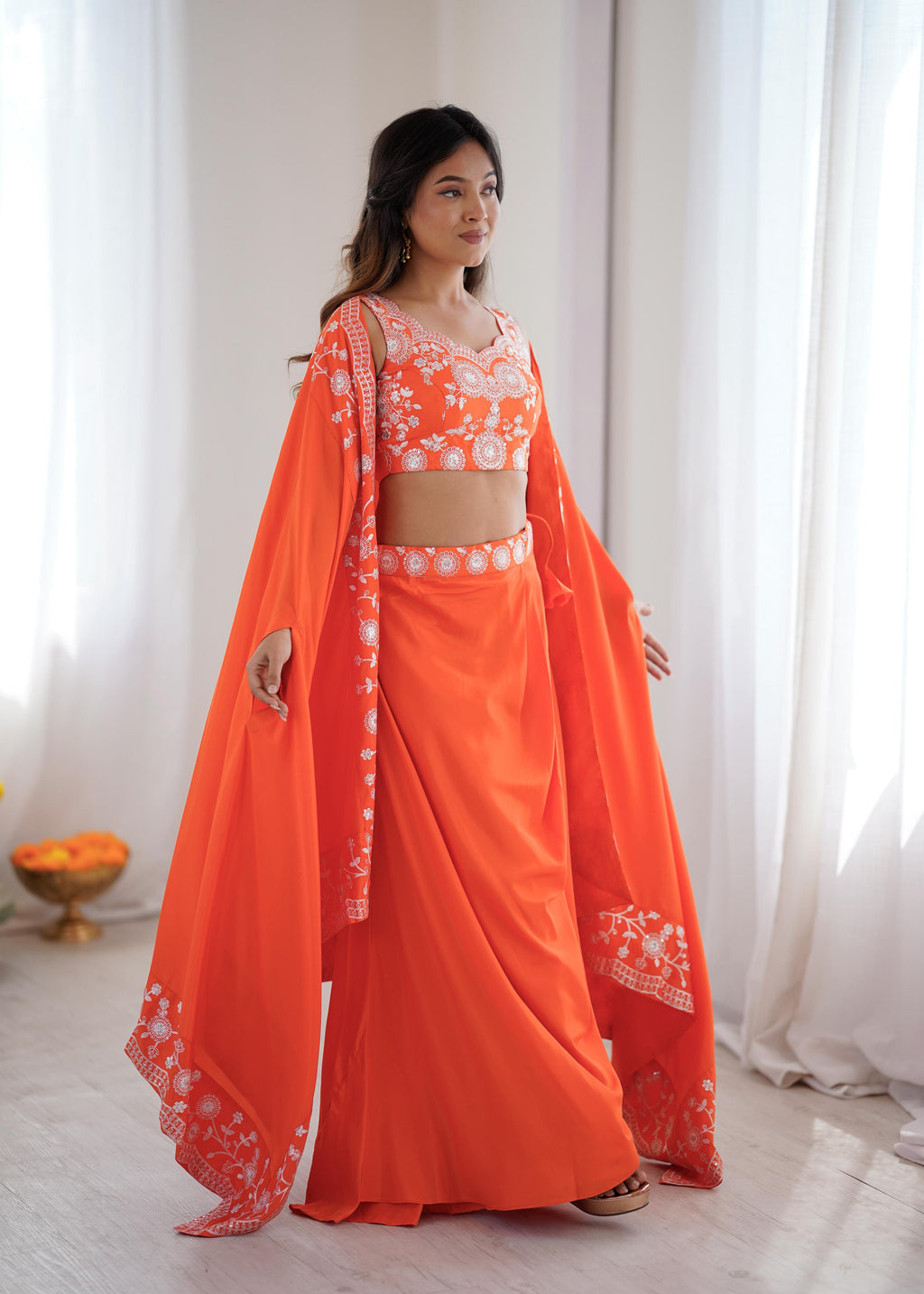 French Crepe Western Dhoti Set with Embroidered Shrug & Choli