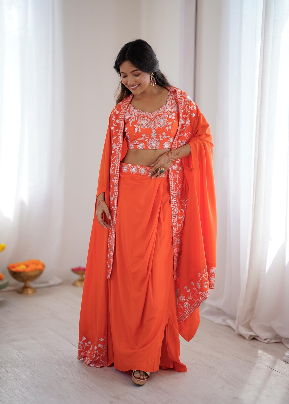 French Crepe Western Dhoti Set with Embroidered Shrug & Choli