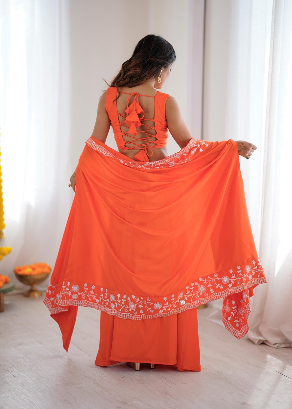 French Crepe Western Dhoti Set with Embroidered Shrug & Choli