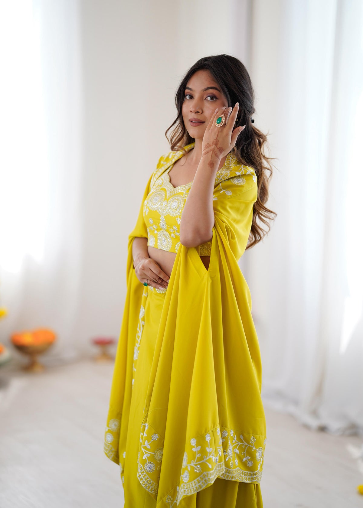 French Crepe Western Dhoti Set with Embroidered Shrug & Choli