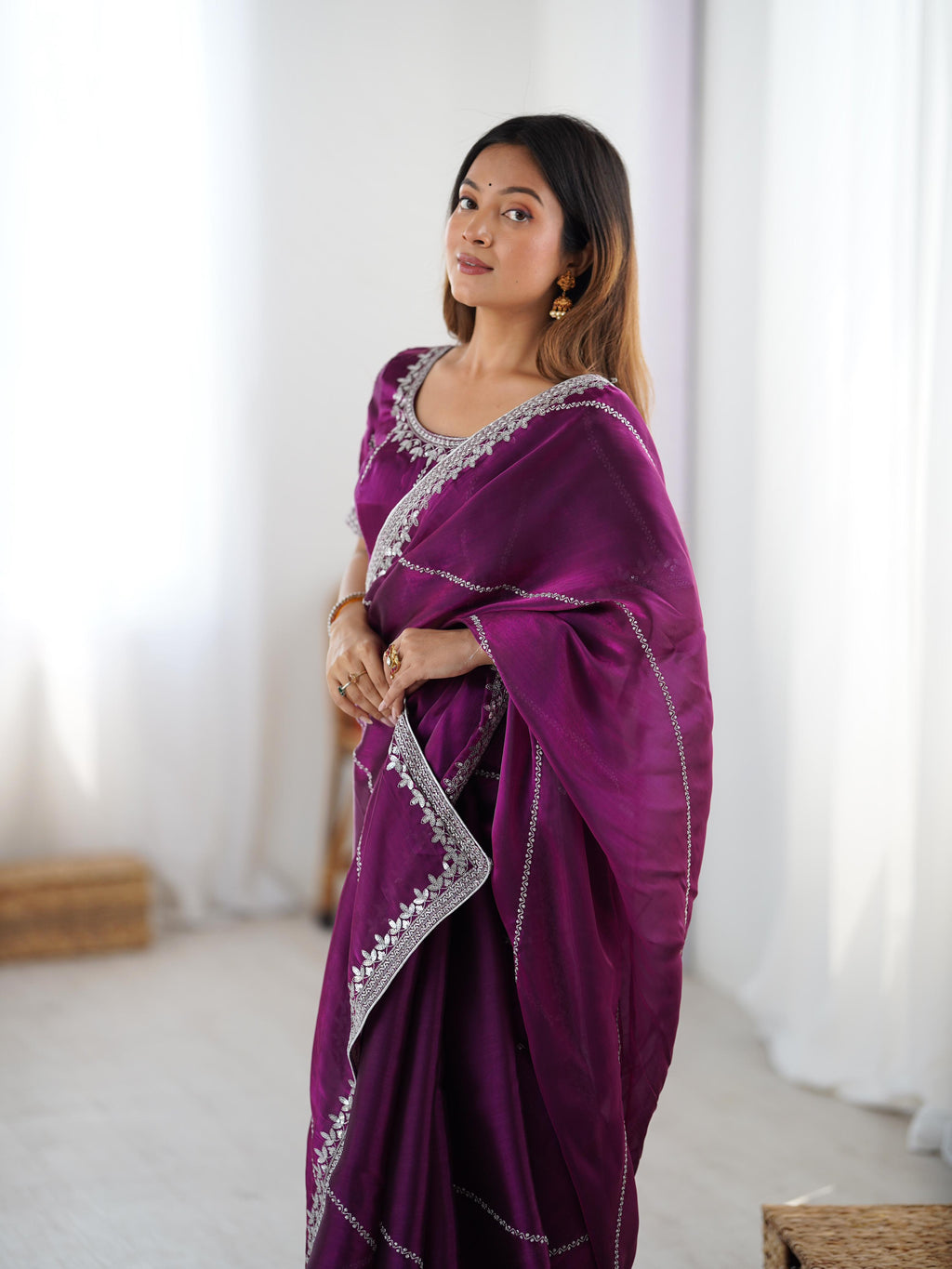 Heavy JMC Silk Saree with Thread, Sequin & Piping Embroidery