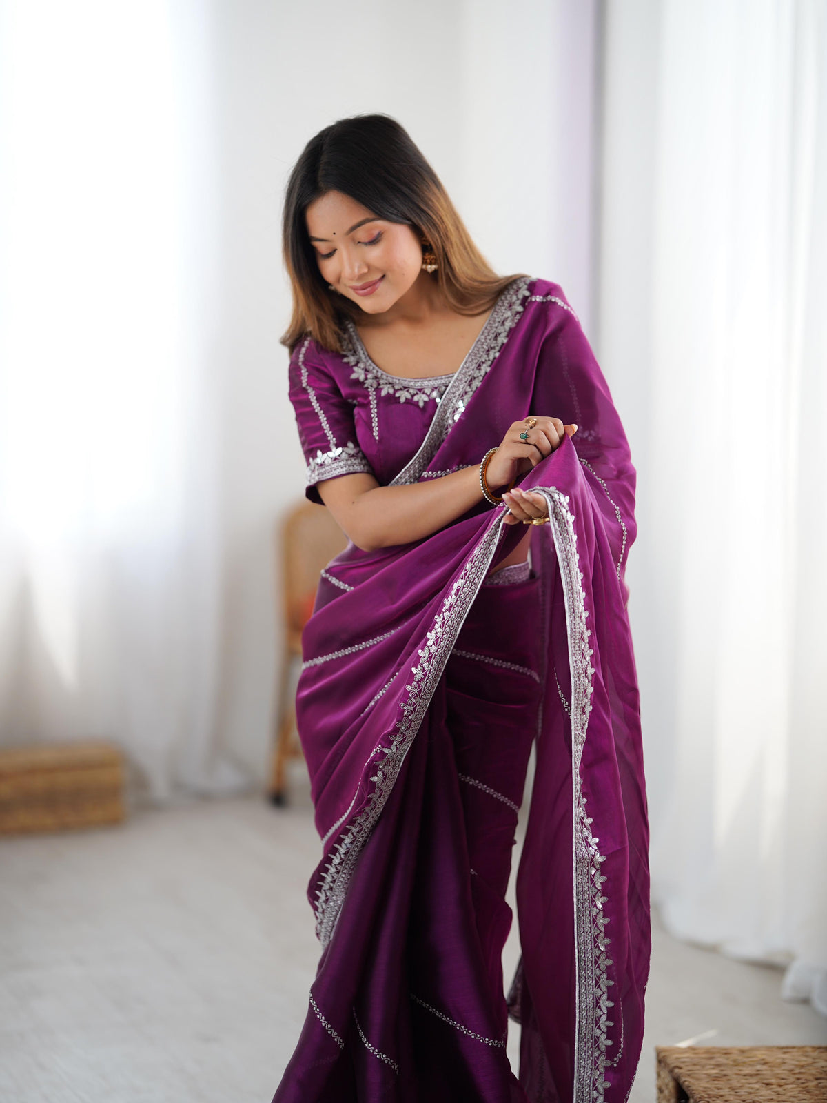 Heavy JMC Silk Saree with Thread, Sequin & Piping Embroidery
