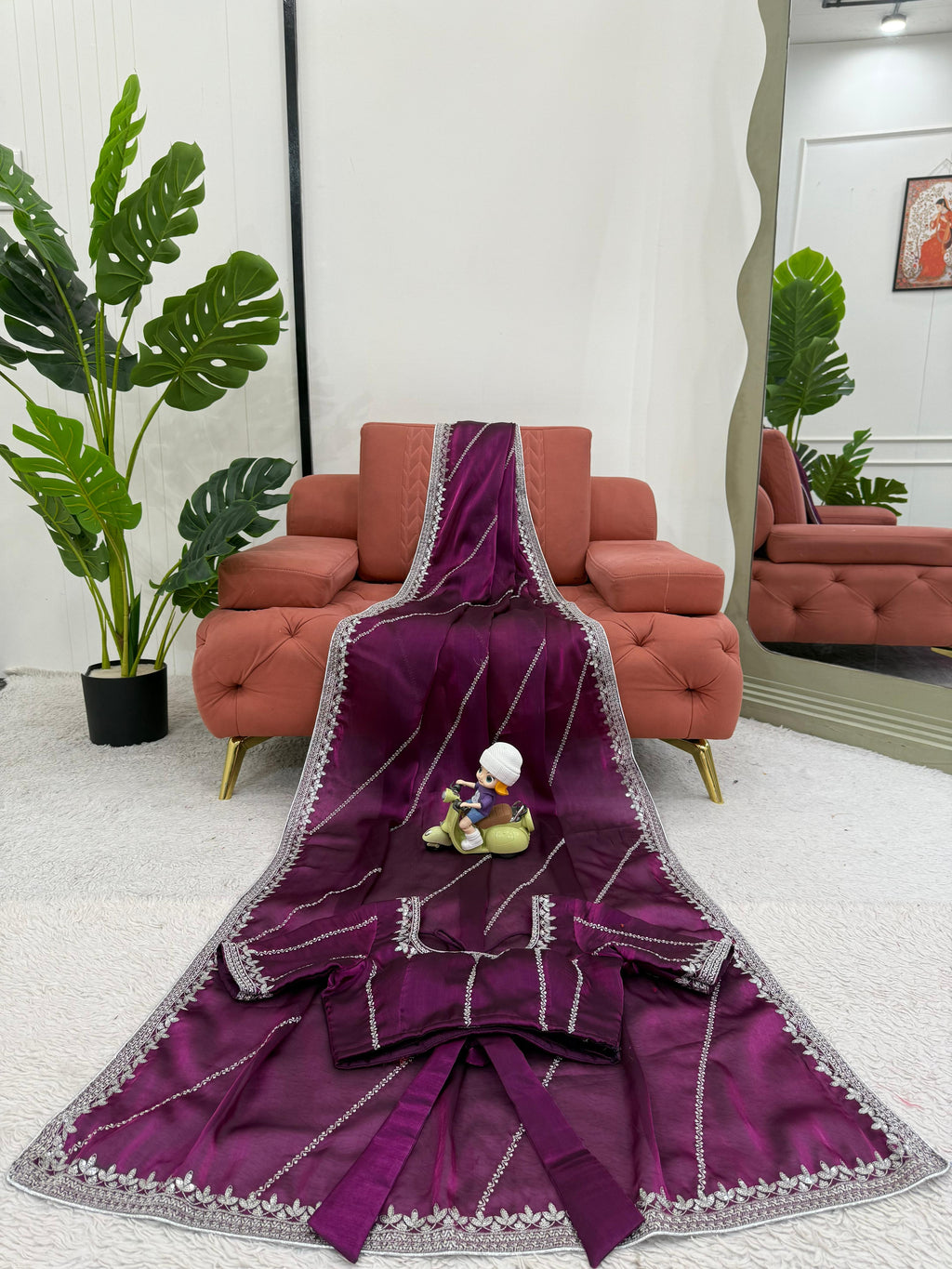 Heavy JMC Silk Saree with Thread, Sequin & Piping Embroidery
