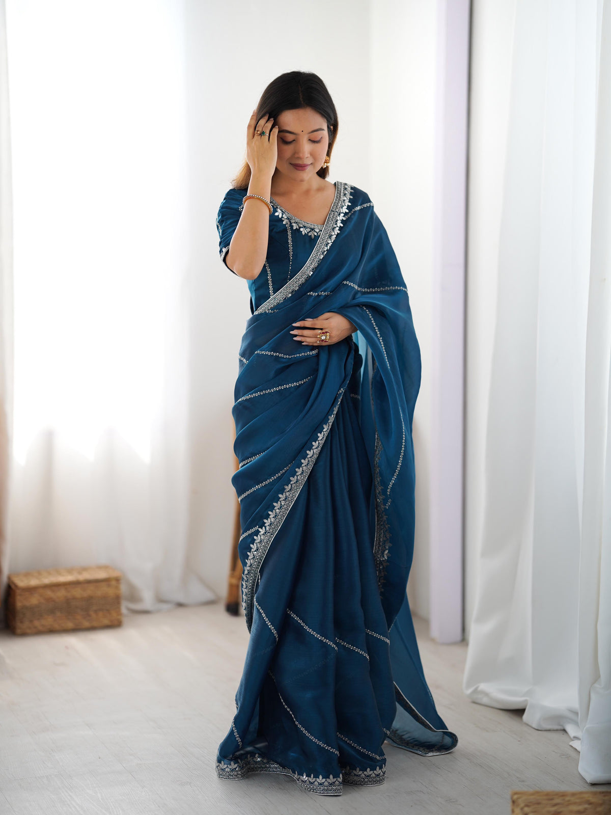 Heavy JMC Silk Saree with Thread, Sequin & Piping Embroidery